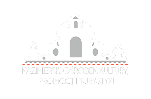 Logo Kazimierskiego Ośrodka Kultury, Promocji i Turystyki: biały, stylizowany budynek na czarnym tle, otoczony ozdobnymi elementami, z nazwą instytucji poniżej.