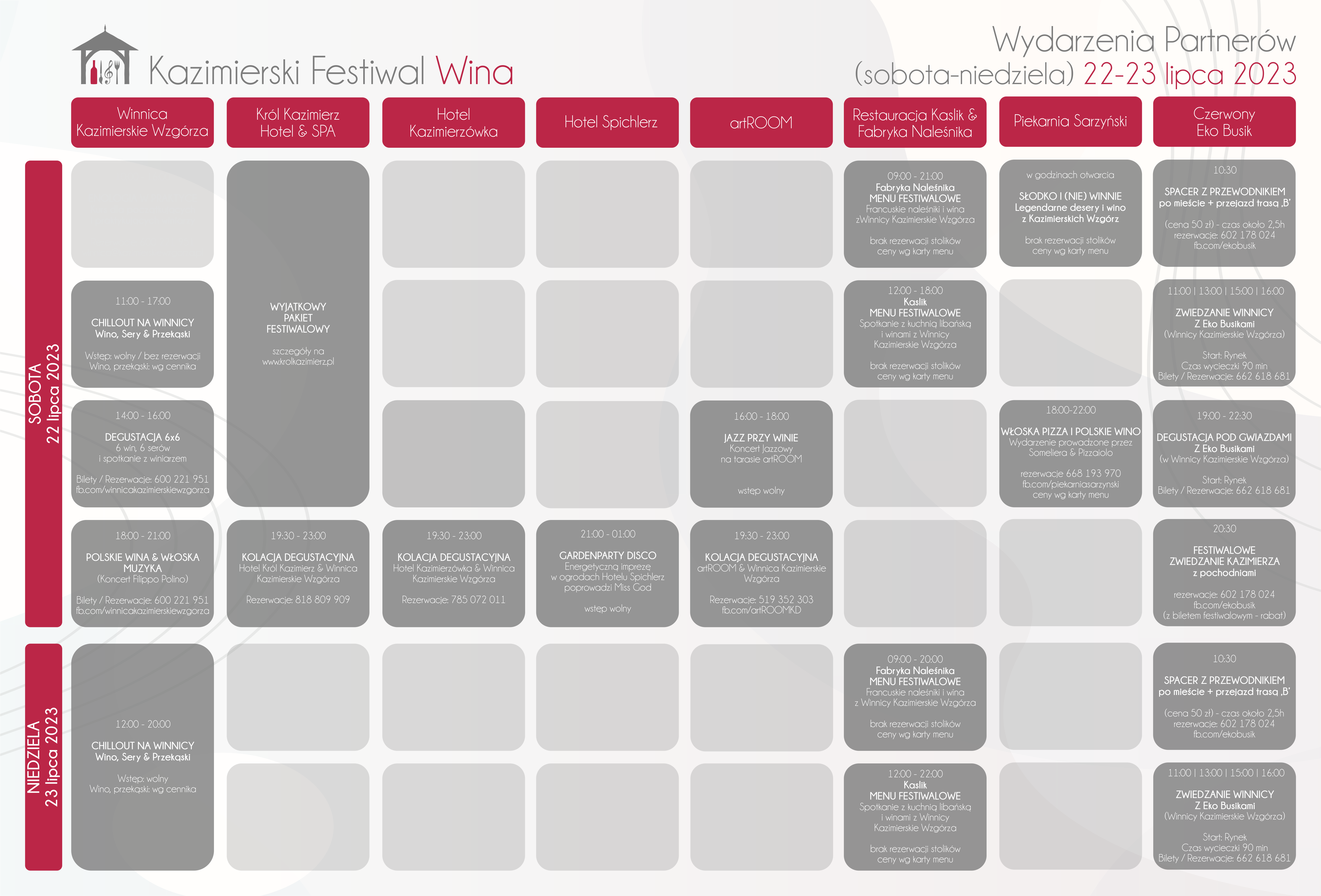 Plan wydarzeń Kazimierskiego Festiwalu Wina w dniach 22-23 lipca 2023, z podziałem na różne lokalizacje i szczegółowo opisanym harmonogramem każdego dnia. Kursy, degustacje i warsztaty odbywają się w różnych miejscach.