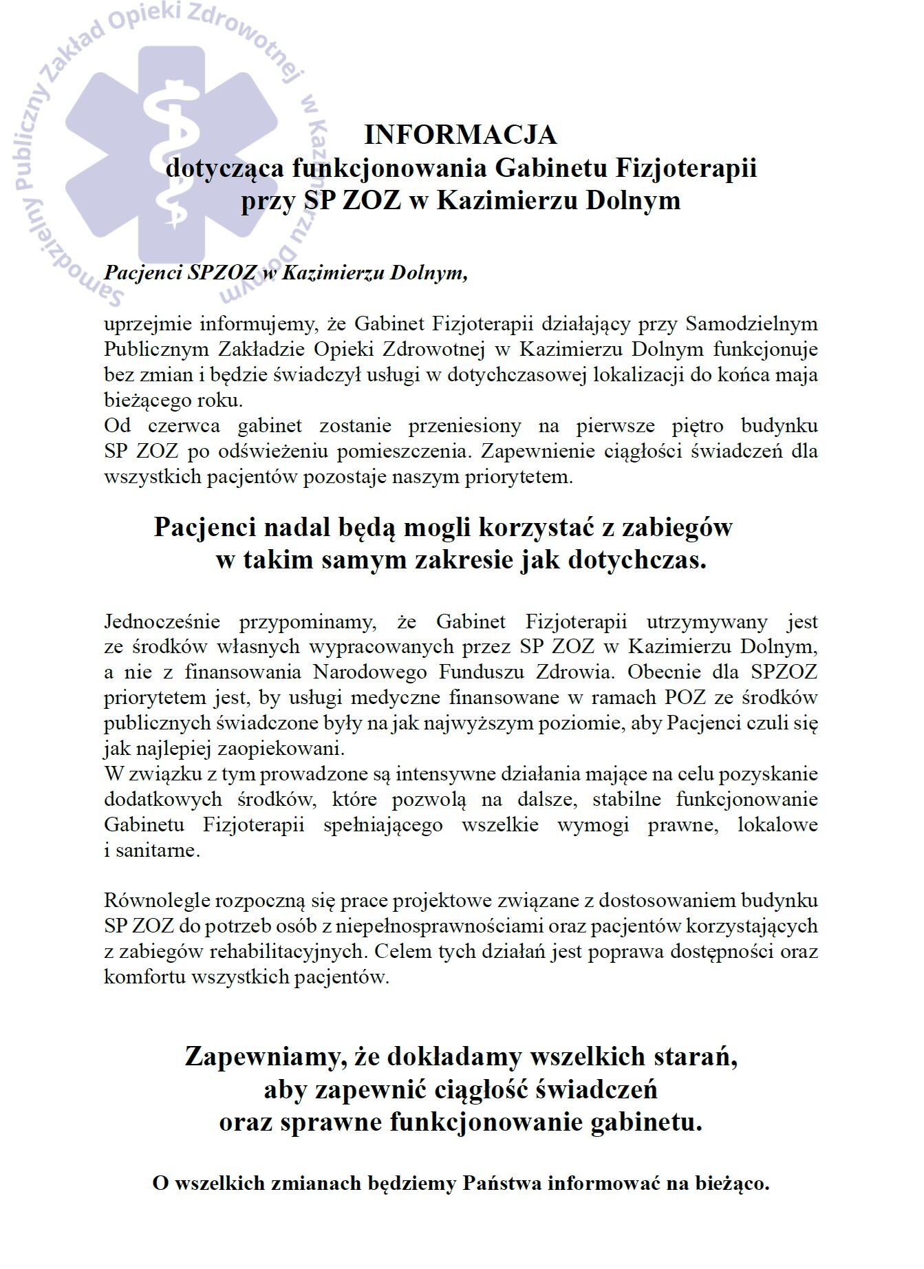 Informacja o funkcjonowaniu fizjoterapii SP ZOZ w Kazimierzu Dolnym