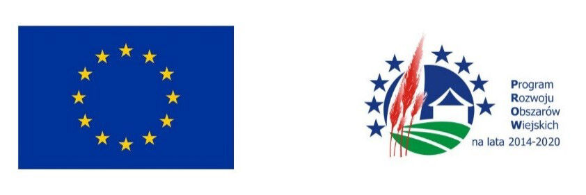 Opis 1: Flaga Unii Europejskiej z 12 złotymi gwiazdami ułożonymi w krąg na niebieskim tle.Opis 2: Logo z białymi gwiazdami, zielonymi liśćmi, czerwonym kwiatem i napisem Program Rozwoju Obszarów Wiejskich na lata 2014-2020.