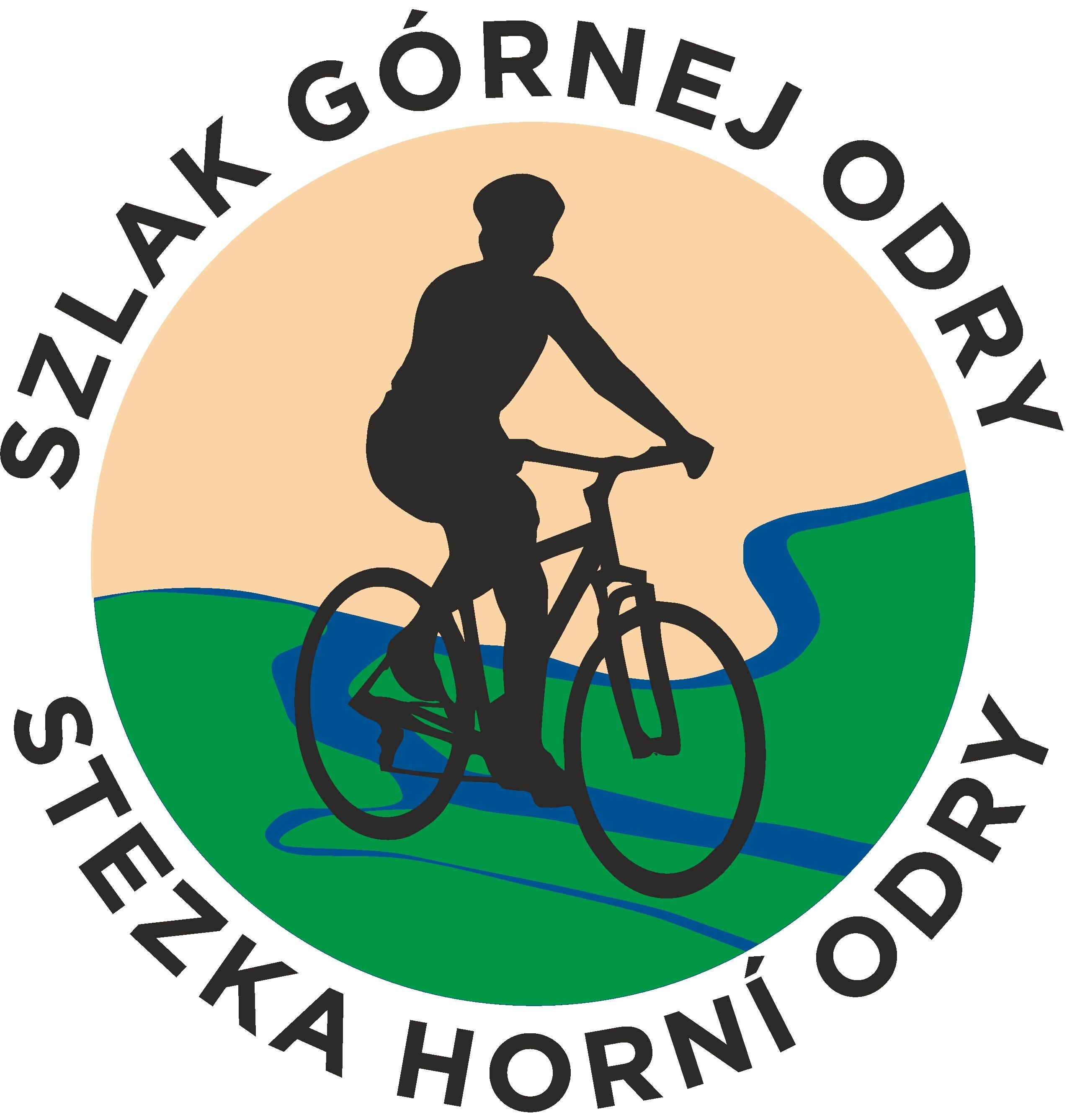 Logo przedstawiające sylwetkę rowerzysty na tle zielonych wzgórz i niebieskiej rzeki, z napisami 