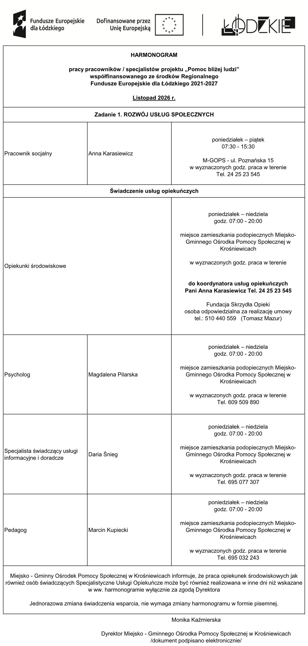 Harmonogram pracy specjalistów - link do PDF powyżej