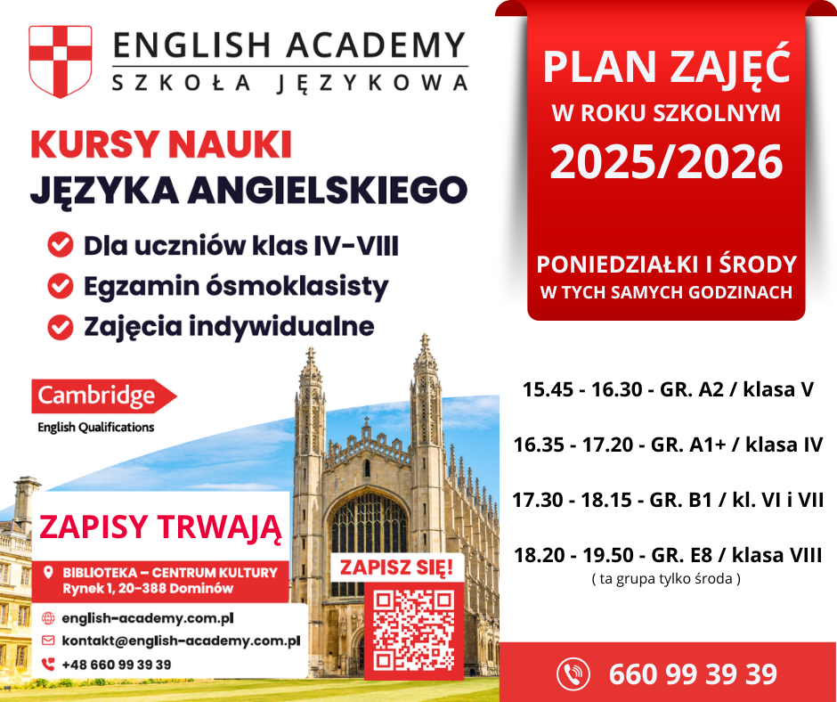 Plakat informujący o harmonogramie zajęć języka angielskiego.