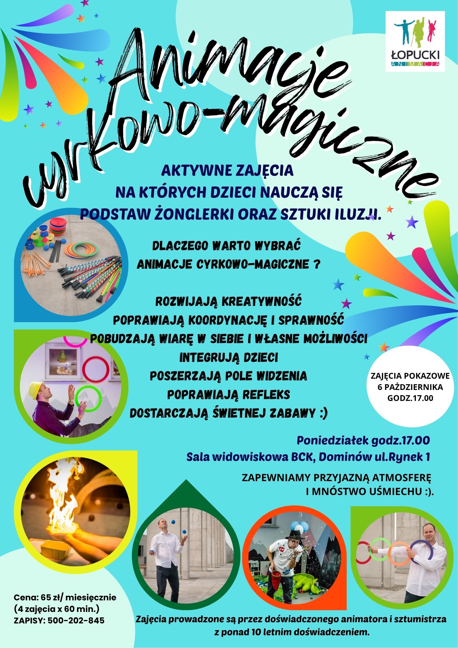 Plakat informujący o zajęciach animacji cyrkowo-magicznych.