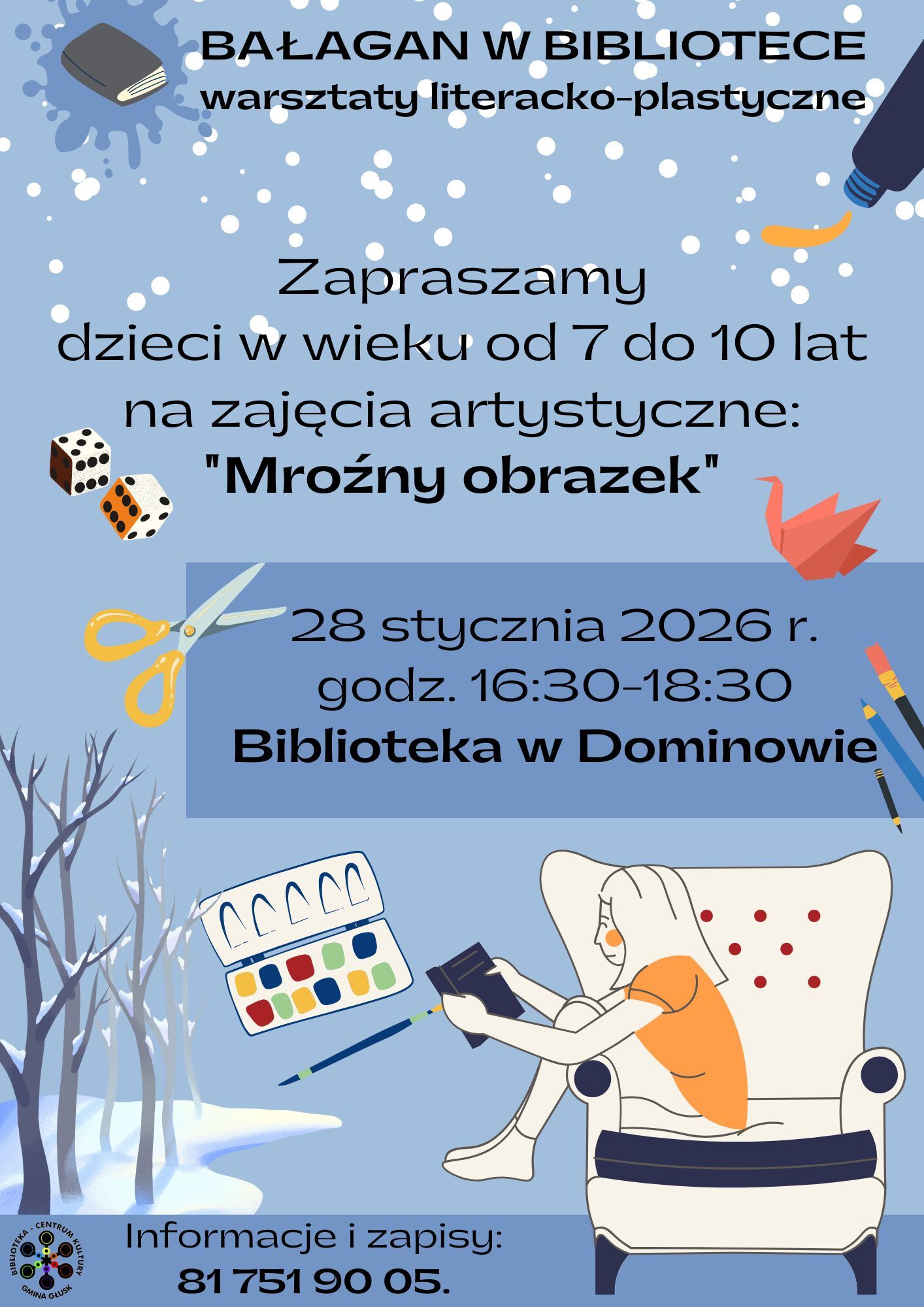 Plakat informujący o warsztatach literacko-plastycznych.