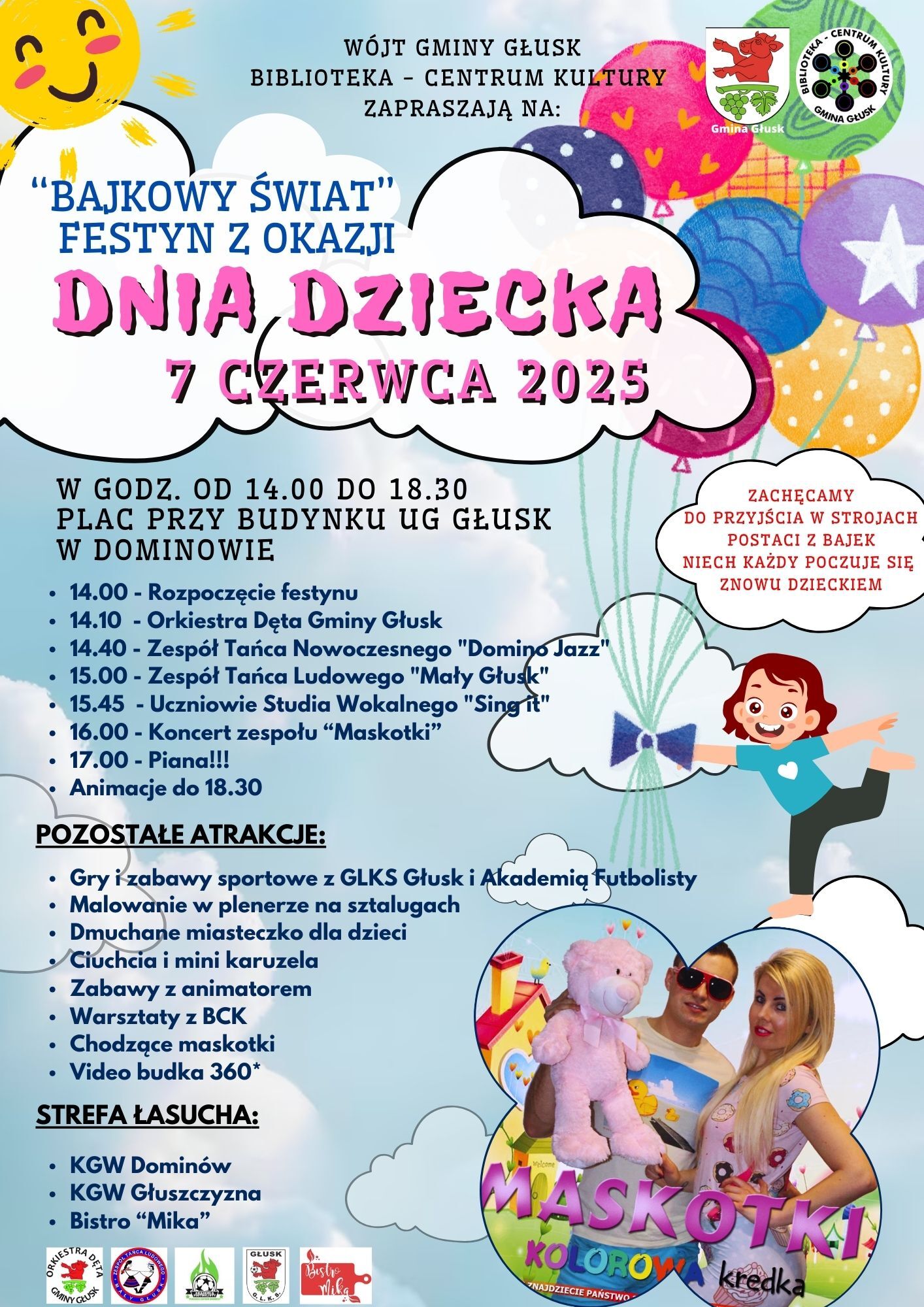 Plakat informujący o Festynie z okazji Dnia Dziecka. 7.06.2025 godz. 14:00-18:30 plac przy UG Głusk.