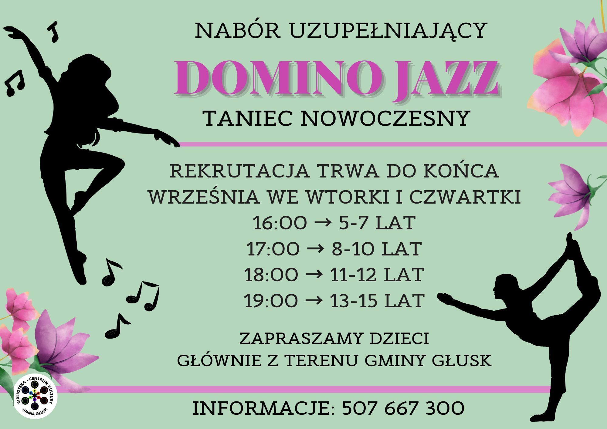 Plakat informujący o rekrutacji uzupełniającej do zespołu Domino Jazz.