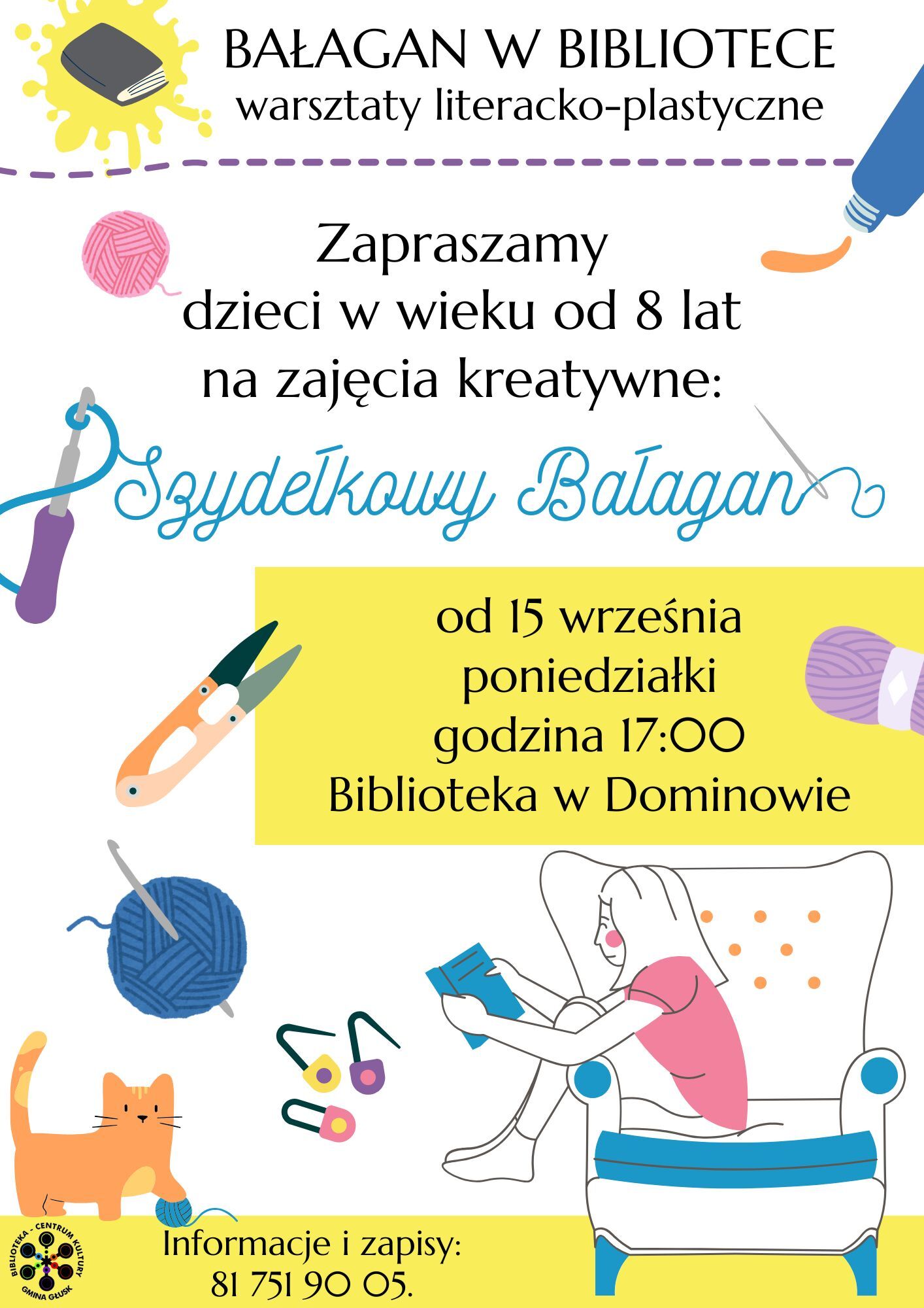 Plakat informujący o zajęciach szydełkowania dla dzieci.
