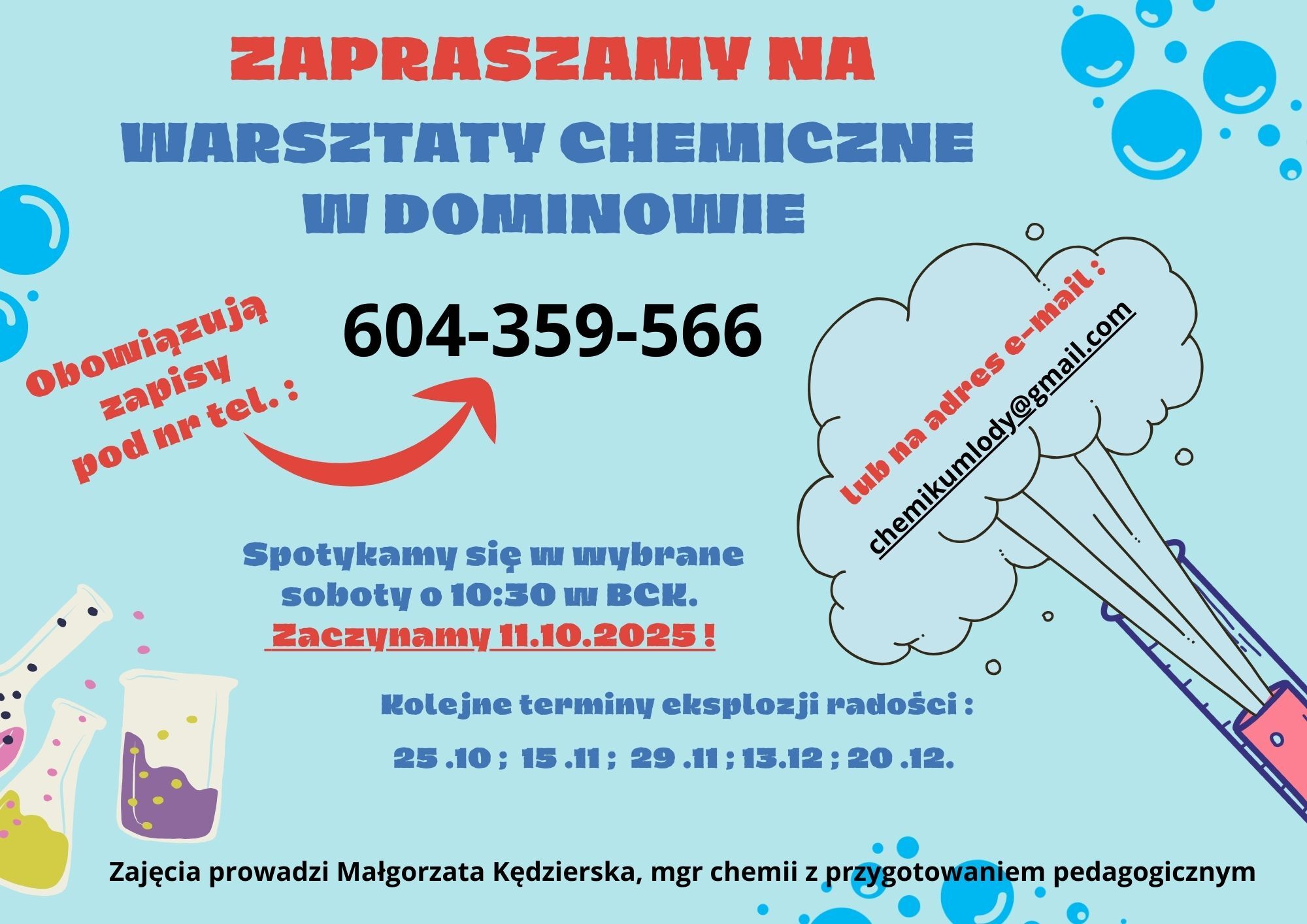 Plakat informujący o zapisach na warsztaty chemiczne.