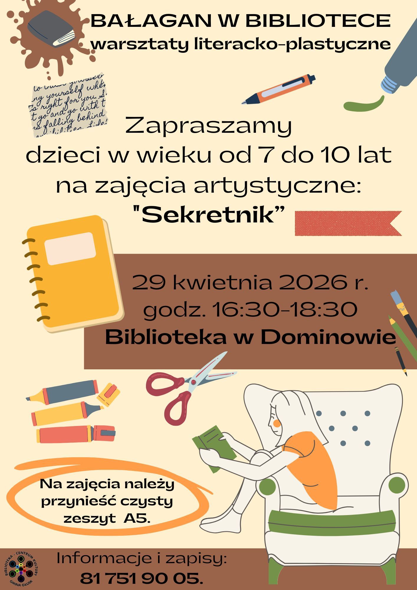 Plakat informujący o terminie kwietniowych warsztatów Bałagan w Bibliotece.