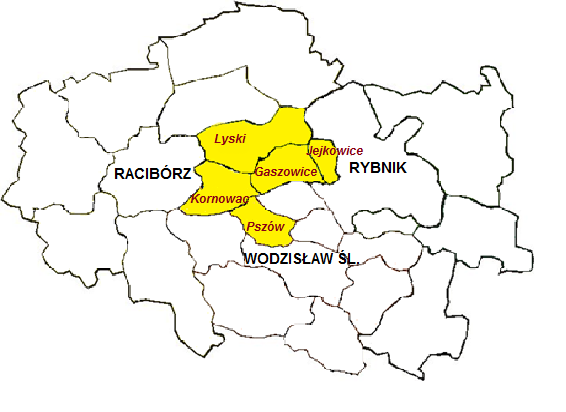 Mapa pokazuje zarys podziału administracyjnego z zaznaczonymi granicami miast i gmin, które są wypełnione kolorem żółtym i posiadają nazwy, jak RACIBÓRZ, Pszów, czy Rybnik.