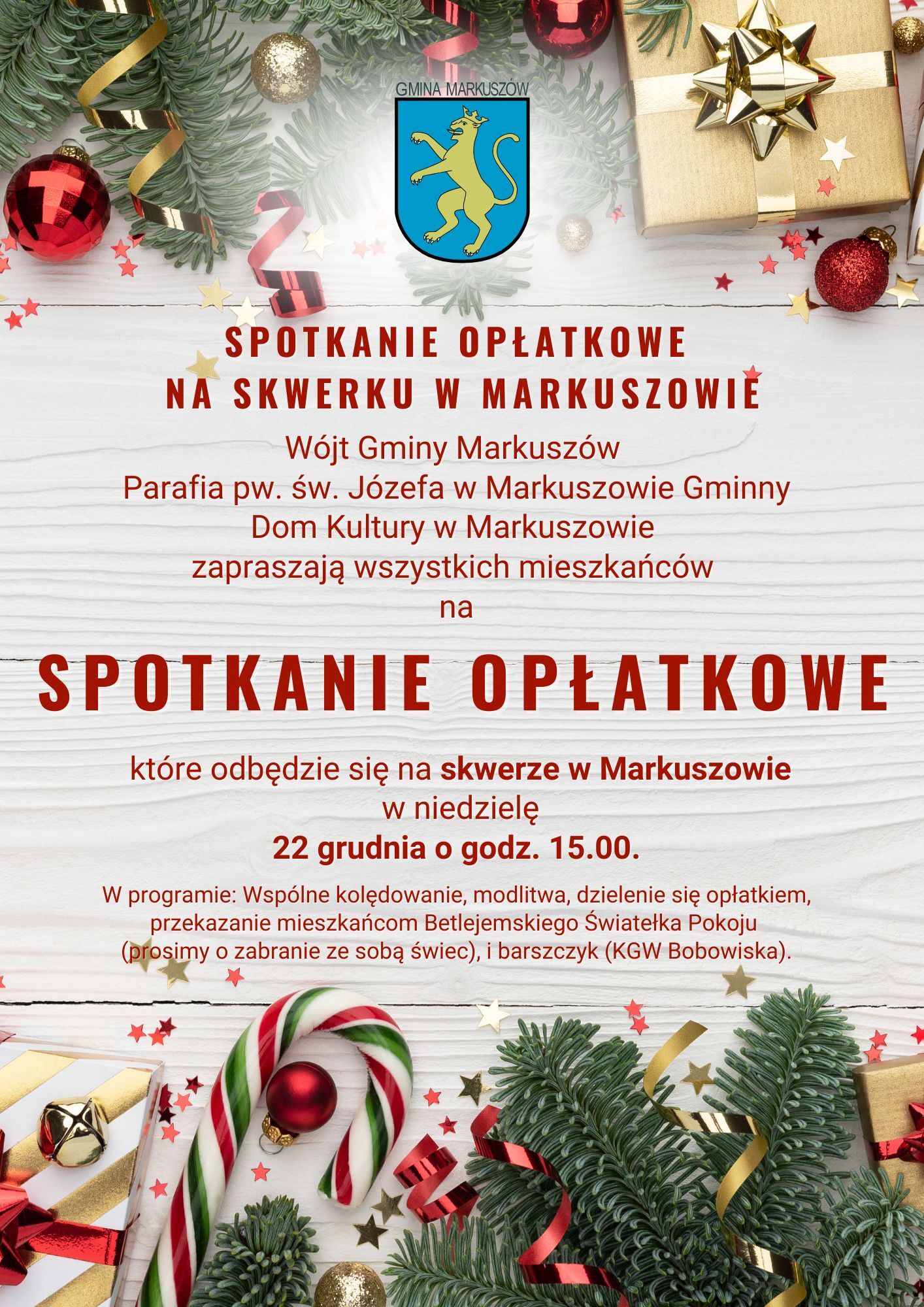 Plakat Spotkanie OPŁATKOWE na skwerku w Markuszowie