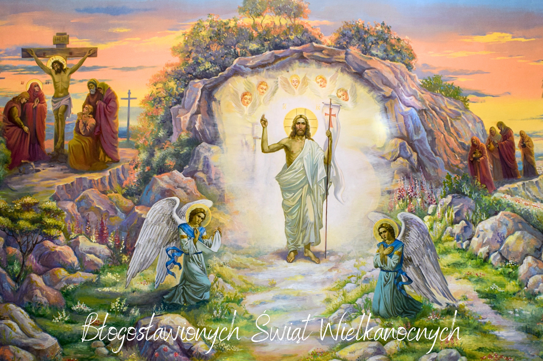 Obraz przedstawiający religijną scenę Zmartwychwstania; postać Chrystusa wychodzi z grobu, otoczony aniołami, świadkami i napisem ze świątecznym pozdrowieniem.