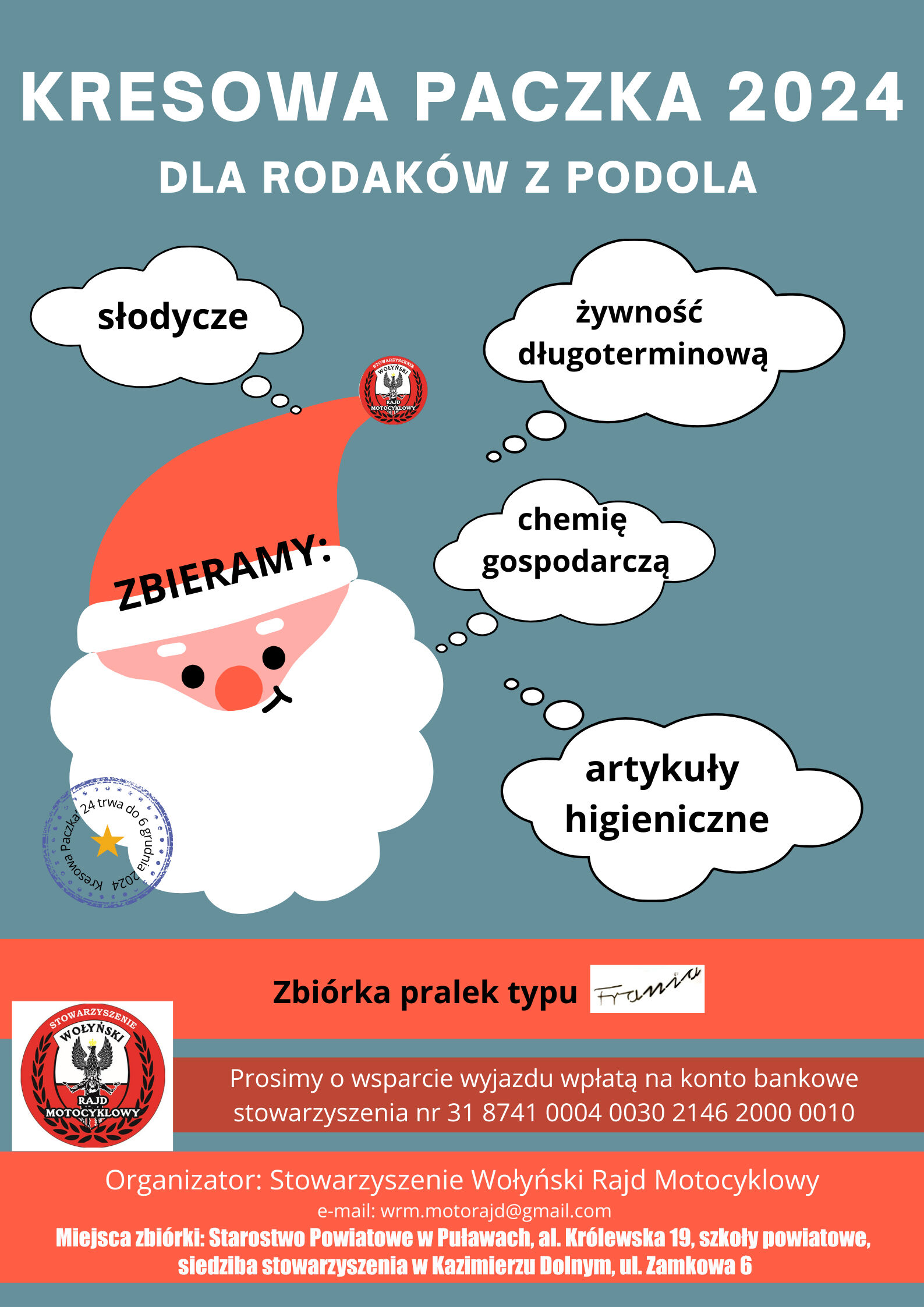 Plakat informacyjny o akcji charytatywnej "Kresowa Paczka 2024" z grafiką Świętego Mikołaja i ikonkami darów: słodycze, artykuły higieniczne, chemia gospodarcza, zabawki. Informacje o organizatorach i miejscu zbiórki.