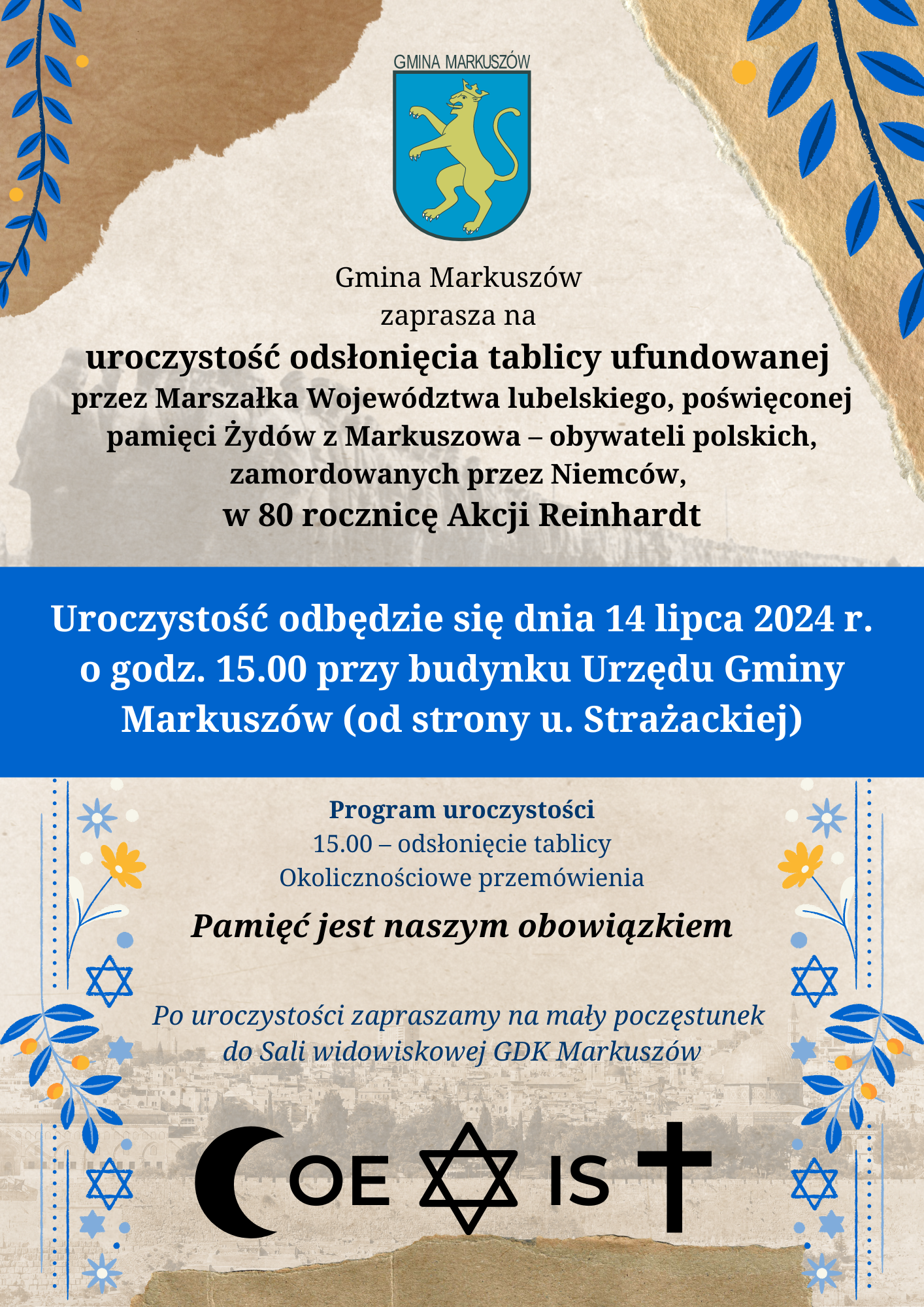 Plakat zapraszający na uroczystość odsłonięcia tablicy upamiętniającej zabytkową ławkę, z niebieskimi motywami ludowymi i informacjami o wydarzeniu.