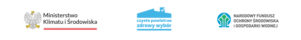 Trzy logo instytucji: pierwsze to "Ministerstwo Klimatu i Środowiska" z liściem i kroplami, drugie "czyste powietrze zdrowy wybór" z domem, trzecie "NARODOWY FUNDUSZ OCHRONY ŚRODOWISKA I GOSPODARKI WODNEJ" z elementami wodnymi.