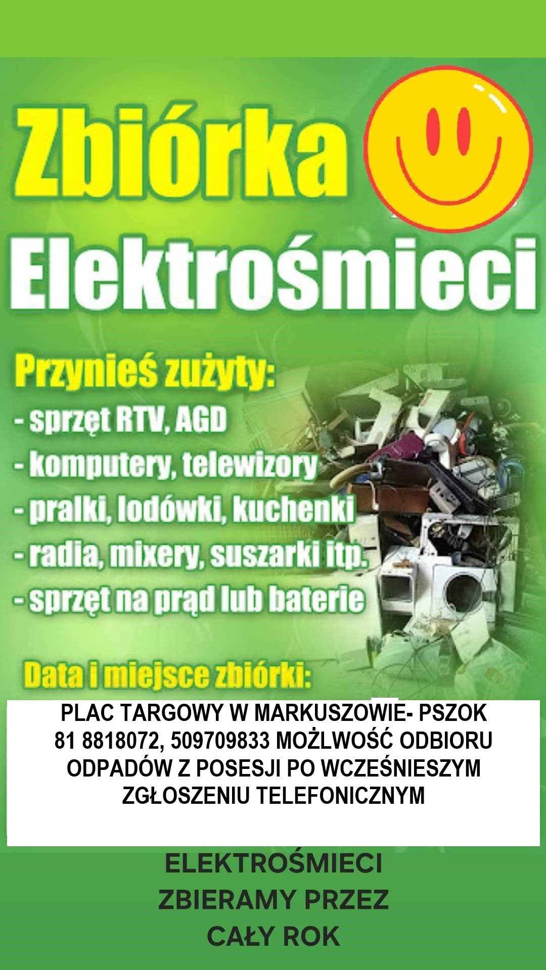 Pionowy plakat z tekstem o zbiórce elektrośmieci w tle zdjęcia z gąszczem różnych rodzajów odpadów elektronicznych, takich jak komputery, pralki i telewizory.