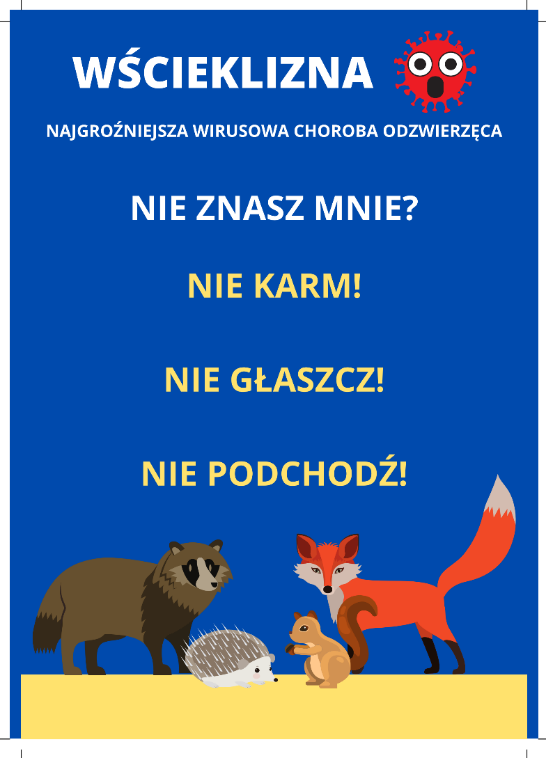 Plakat informacyjny o wściekliźnie z grafikami zwierząt: niedźwiedź, lis i jeż. Tło niebieskie. Napisy ostrzegają przed kontaktem z dzikimi zwierzętami.