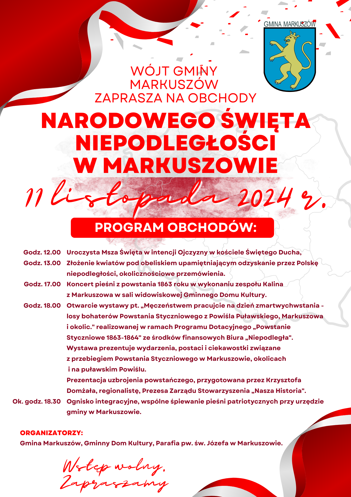 Obraz przedstawia plakat z informacją o Narodowym Święcie Niepodległości w Markuszowie, z grafiką flagi Polski i szczegółami programu wydarzeń.