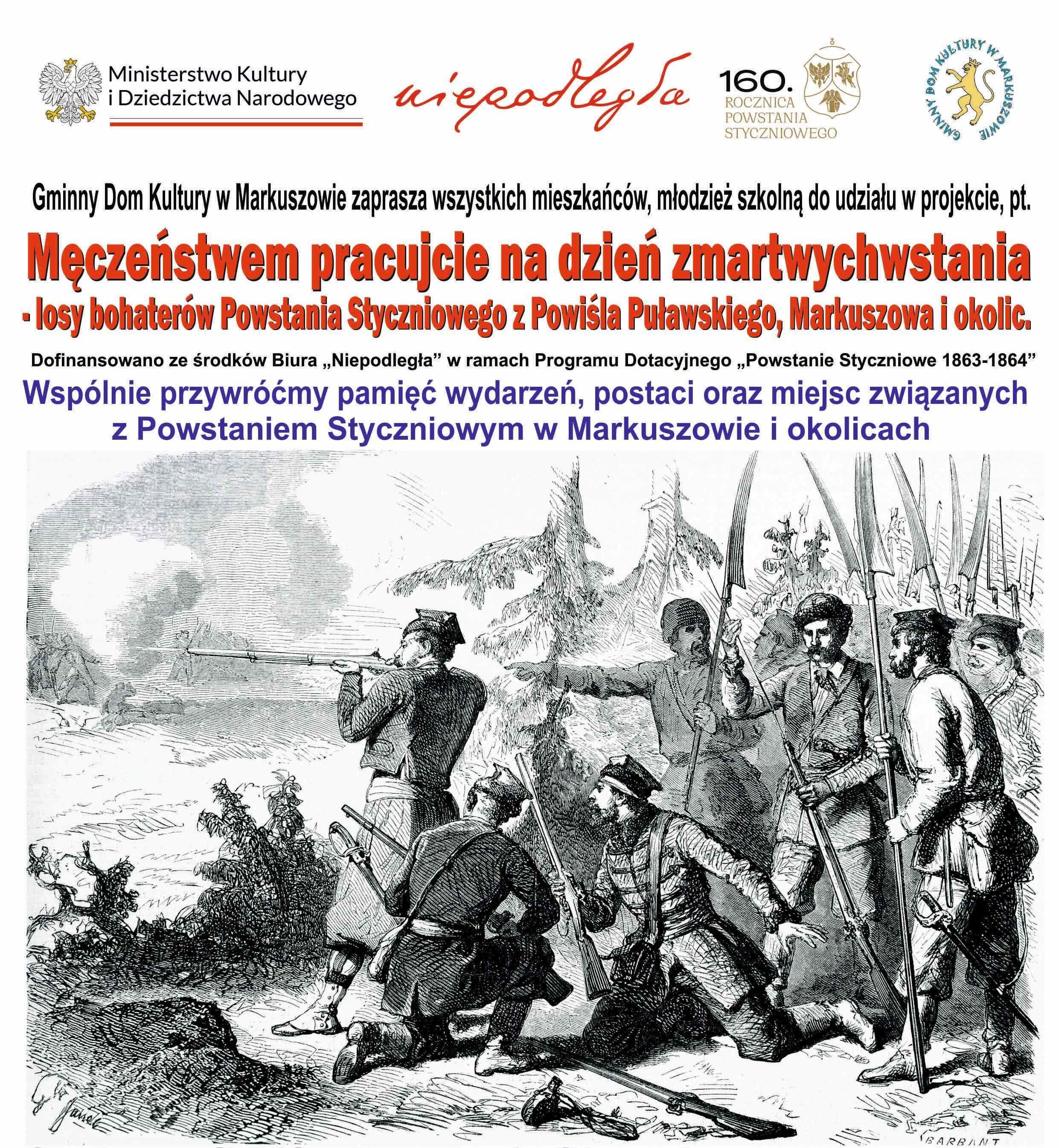 Scena bitwy w lesie z XIX wieku, na której żołnierze w mundurach walczą i przygotowują się do strzałów, ilustracja czarno-biała z elementami tekstowymi wokół.