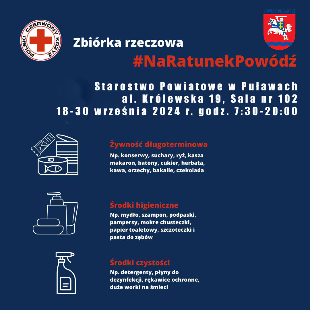 Plakat zbiórki rzeczowej #NaRatunekPuławach z czerwonym krzyżem i logo, informujący o zbiórce artykułów pierwszej potrzeby oraz miejscu i czasie wydarzenia.