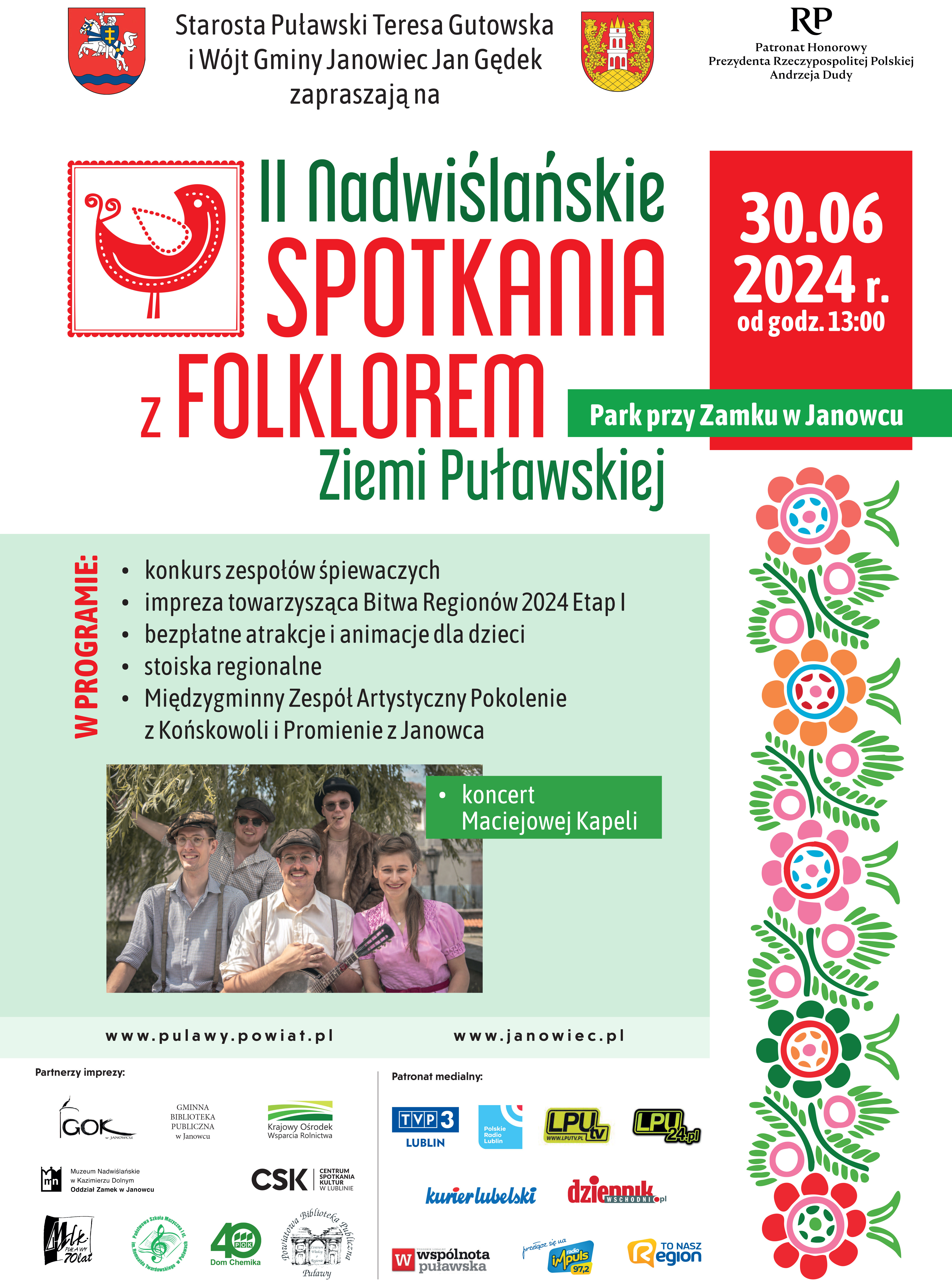 Plakat informacyjny o wydarzeniu "II Spotkania Folklorystyczne Ziemi Przykaszubskiej w Janowcu", które odbędzie się 30.06.2024 o godzinie 13:00. Zawiera szczegóły programu, zdjęcie grupy ludzi i logotypy sponsorów.