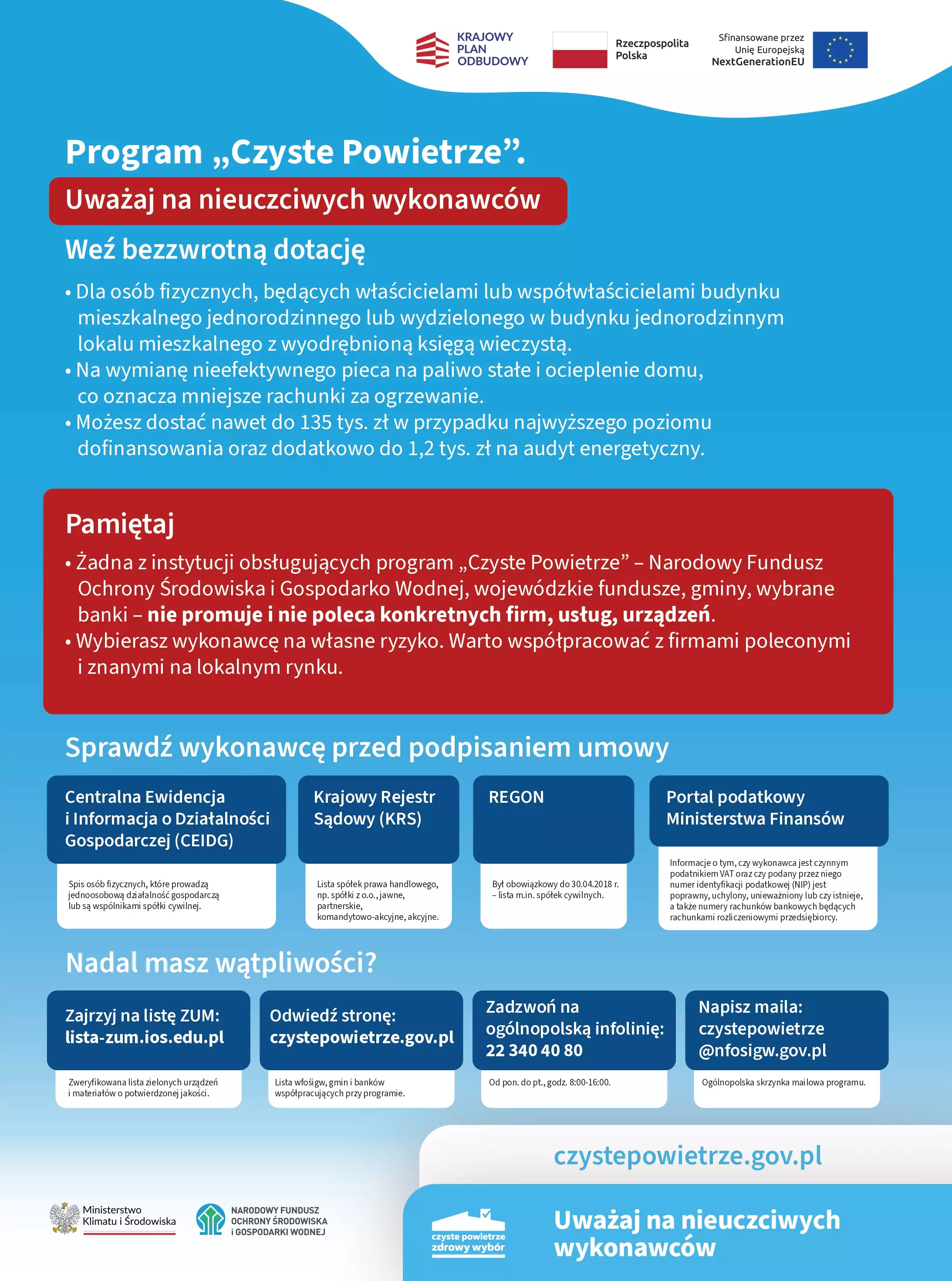 Zdjęcie przedstawia grafikę informacyjną z tekstem i ikonami. Centralny tytuł "Uważaj na nieuczciwych wykonawców" otoczony jest ostrzeżeniami i wskazówkami w różnych kolorowych blokach oraz logotypami urzędów.