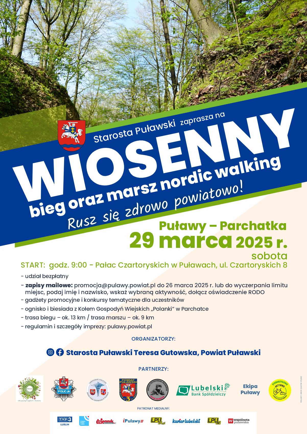 Plakat reklamujący Wiosenny Bieg oraz Marsz Nordic Walking. Wydarzenie odbędzie się 29 marca 2025 r. w Puławach, od godz. 9:00. Zawiera szczegóły dotyczące zapisów, organizatorów i partnerów.