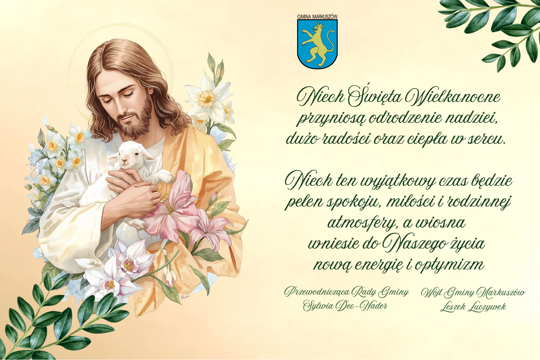 Na obrazie widnieje wizerunek postaci z długimi włosami, trzymającej jagnię, otoczonej kwiatami. Po prawej herb gminy i życzenia na Wielkanoc dotyczące nadziei, radości i miłości, podpisane przez lokalne władze.