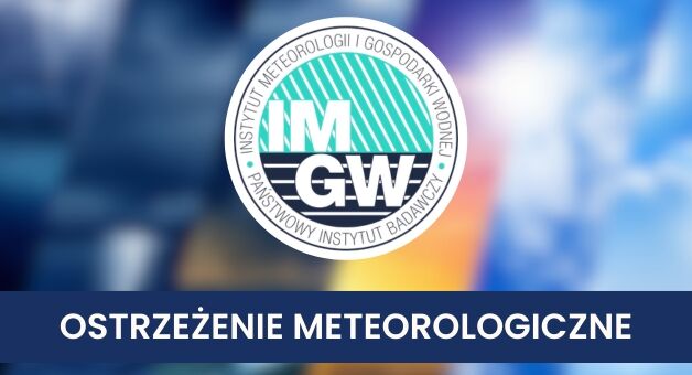 Logo z okrągłym emblematem Instytutu Meteorologii i Gospodarki Wodnej na nieostrym tle. Poniżej znajduje się napis Ostrzeżenie meteorologiczne na granatowym pasku.