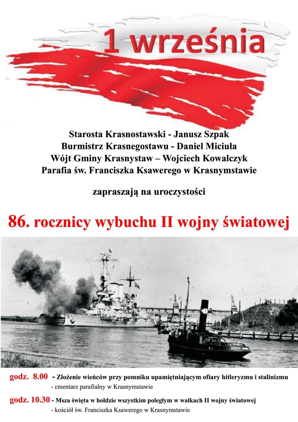 Plakat wydarzenia. Flaga Polski, okręty wojenne, napis 1 września