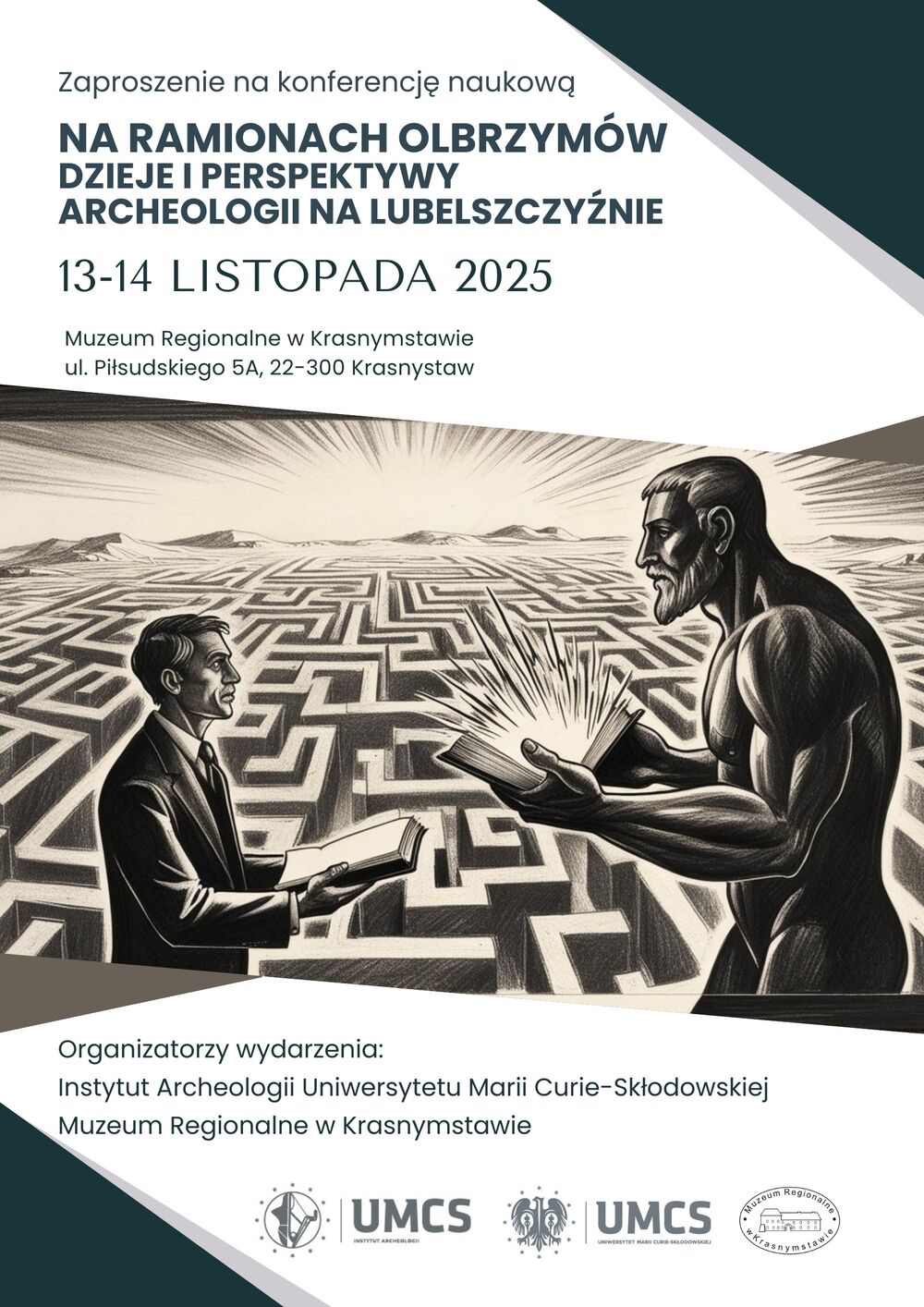 Plakat konferencji - labirynt, postać człowieka, postać olbrzyma