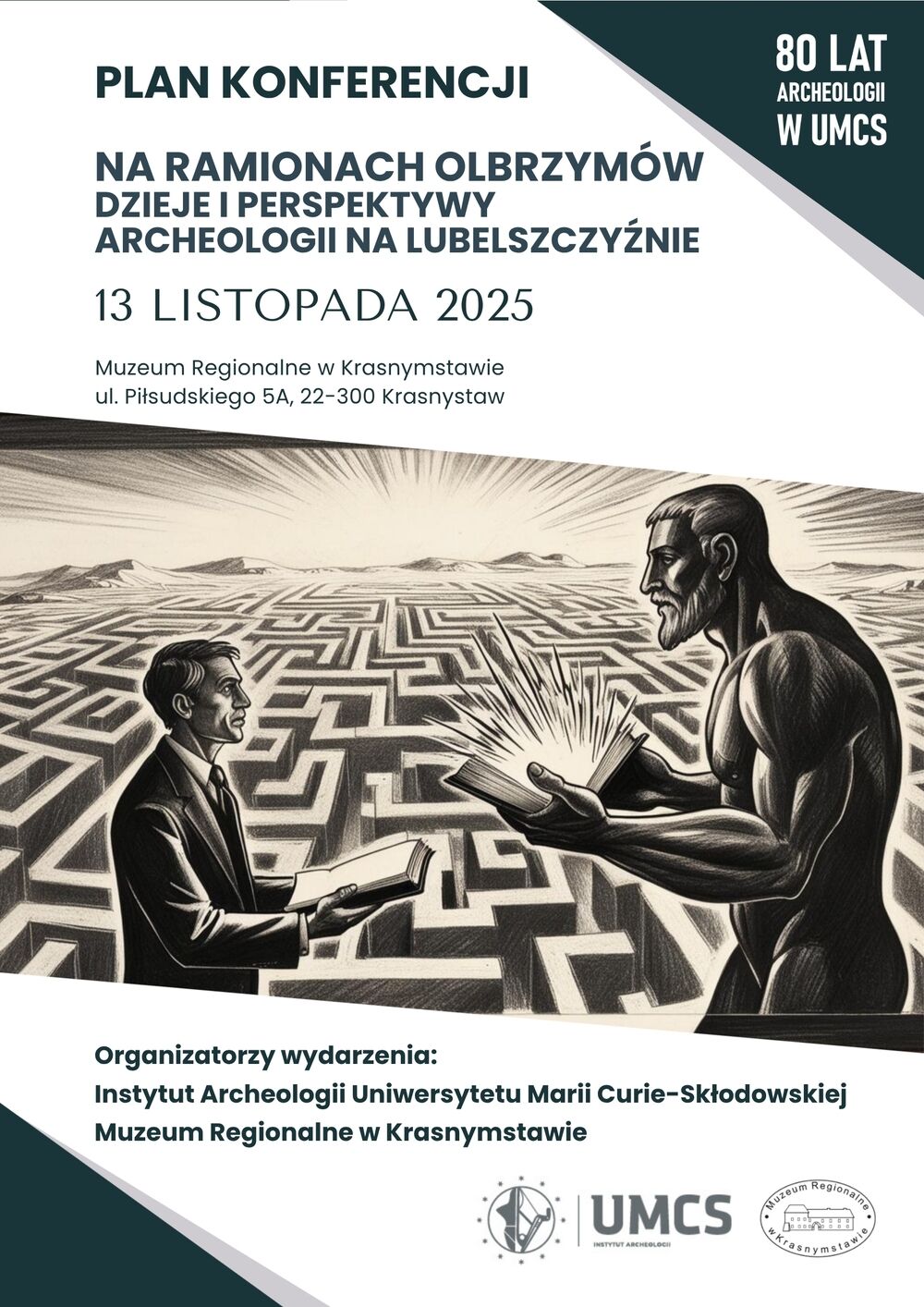 Plakat konferencji - labirynt, postać człowieka, postać olbrzyma