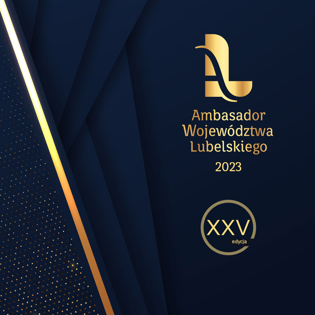 Alternatywny opis zdjęcia: Grafika promocyjna z napisem "Ambasador Województwa Lubelskiego 2023" i logiem XXV edycji na tle w odcieniach granatu z złotą linia biegnącą po skosie.