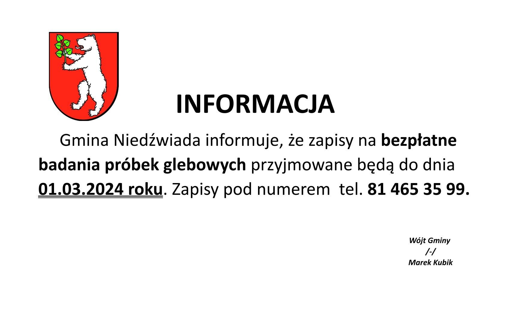 Plakat informacyjny z czerwonym herbem na białym tle po lewej stronie i czarnym tekstem po prawej informującym o bezpłatnych badaniach próbek glebowych w gminie Nieźwiada, z datą i numerem telefonu.