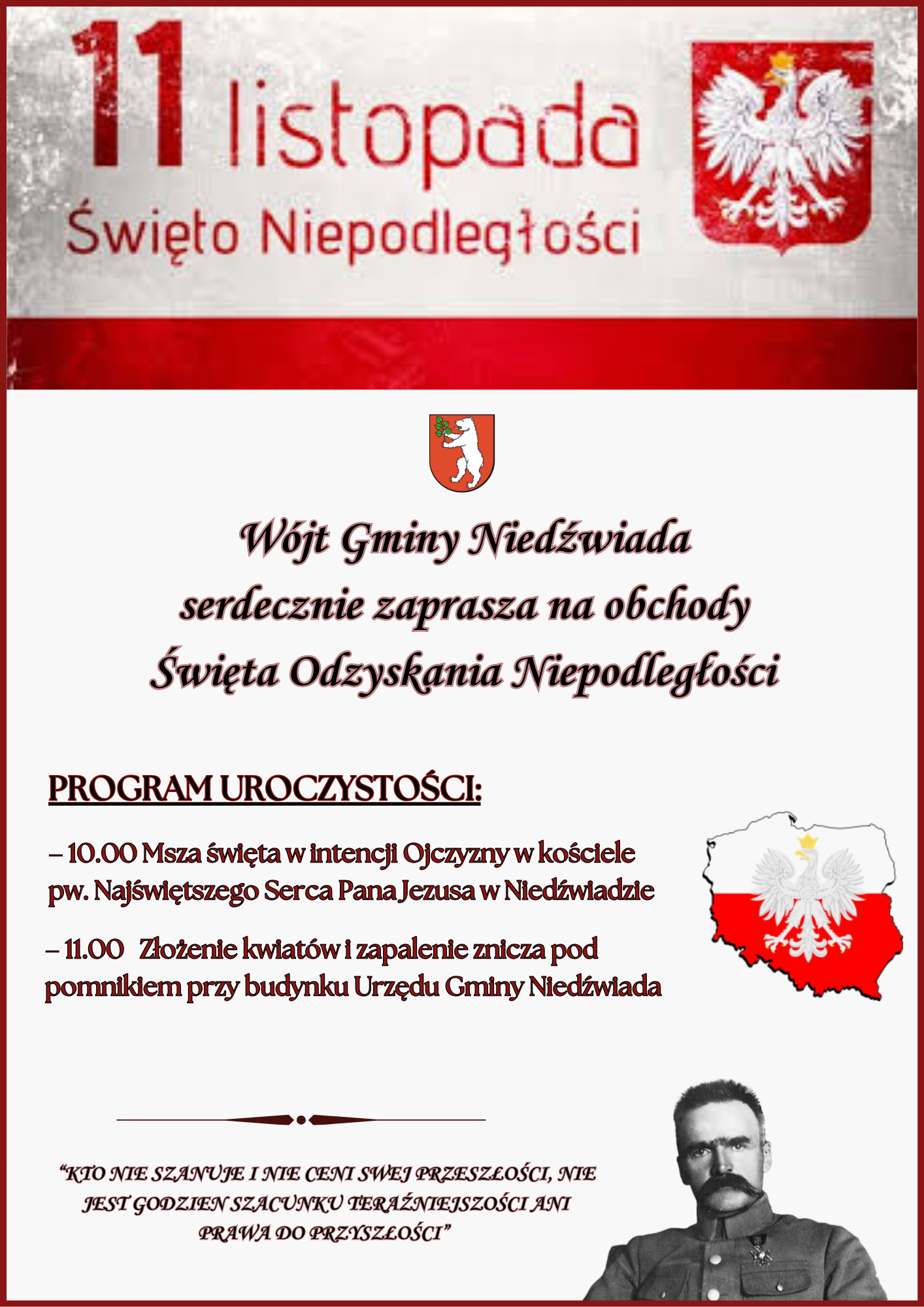 Zdjęcie plakatu z napisem "Święto Niepodległości 11 listopada" w górnej części, poniżej informacje o mszy i programie obchodów z grafiką korony, a na dole portret postaci z wąsami w mundurze.