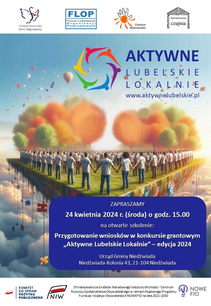 Plakat informacyjny ogłaszający otwarte warsztaty i konkurs grantowy "Aktywna Lokalnie" w dniu 24 kwietnia 2024. Zawiera logo programu, datę wydarzenia i informacje kontaktowe.