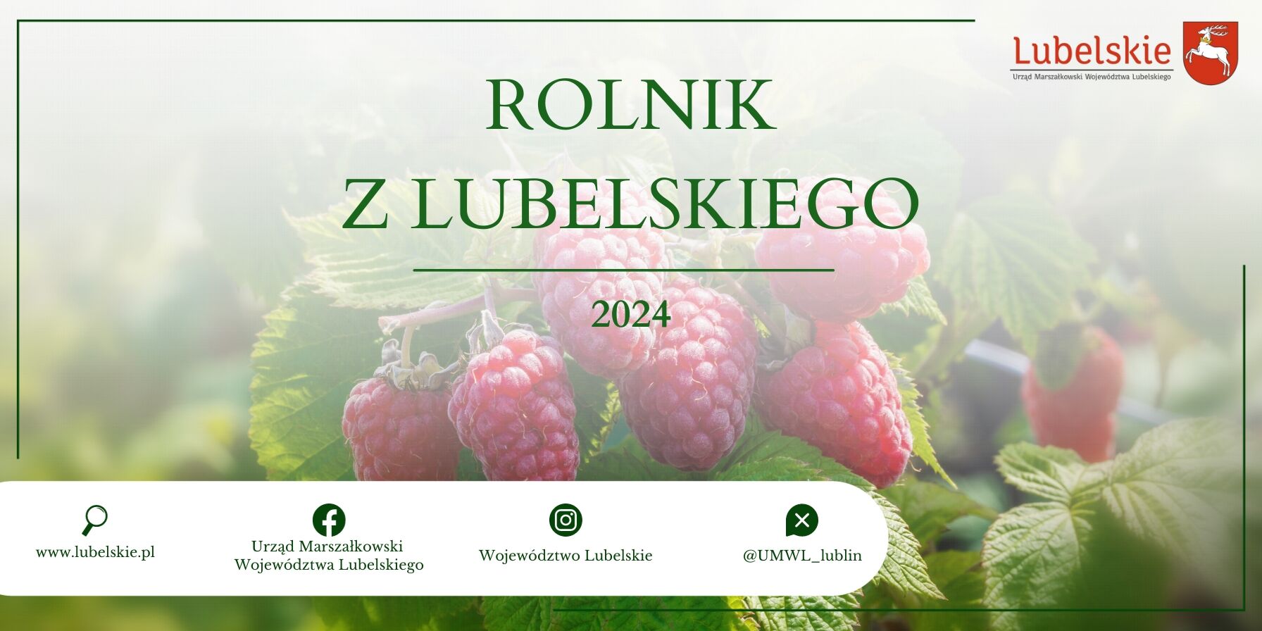Opis alternatywny: Baner promocyjny z napisem "Rolnik z Lubelskiego 2024" i wizerunkiem dojrzałych malin na tle zieleni. Zawiera logotypy i adresy internetowe urzędów.