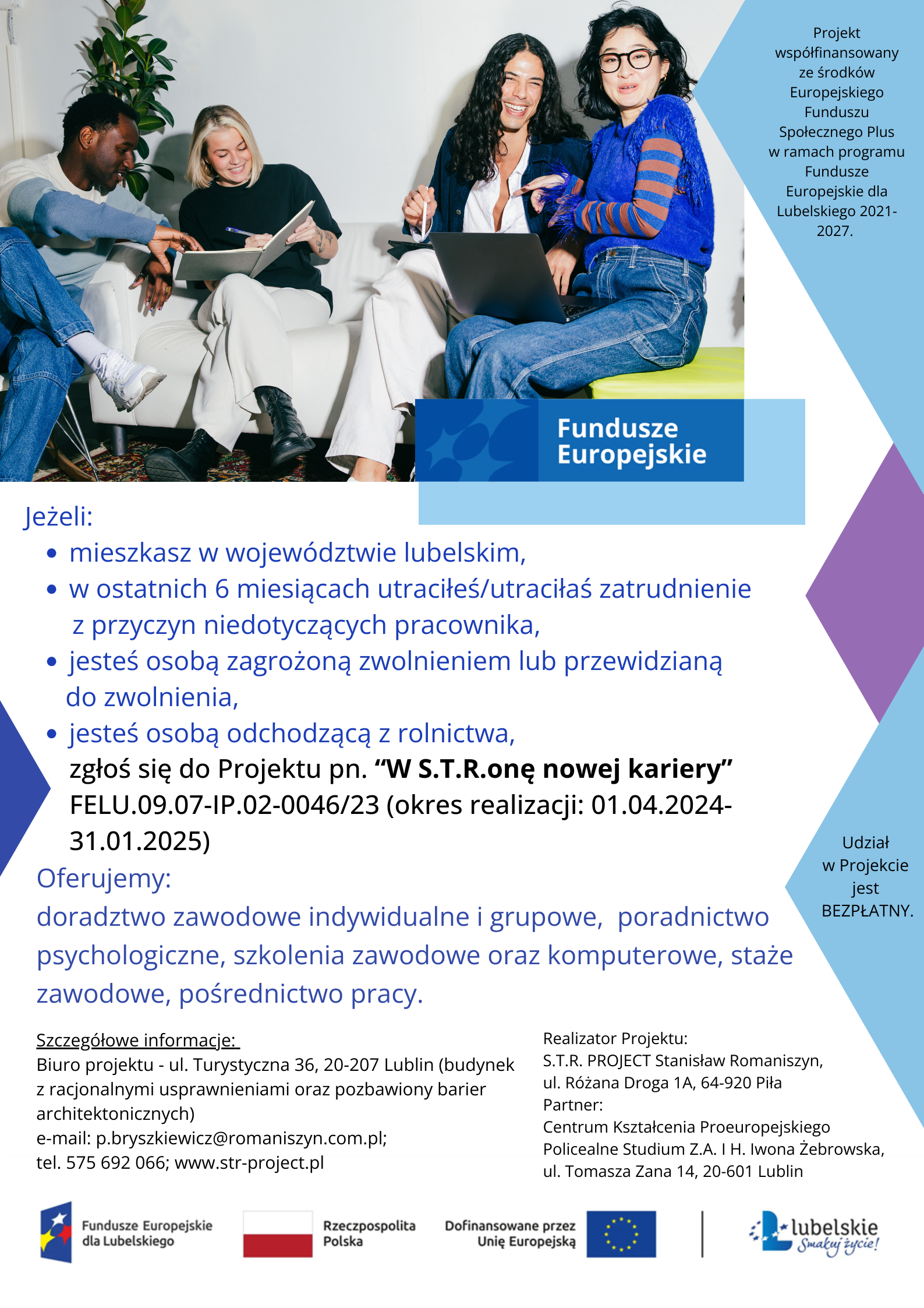 Opis alternatywny: Plakat informacyjny z grafiką dwóch uśmiechniętych osób z narzędziami pracy, ikonami budowlanymi i tekstem o finansowaniu z Unii Europejskiej dla szkoleń zawodowych.