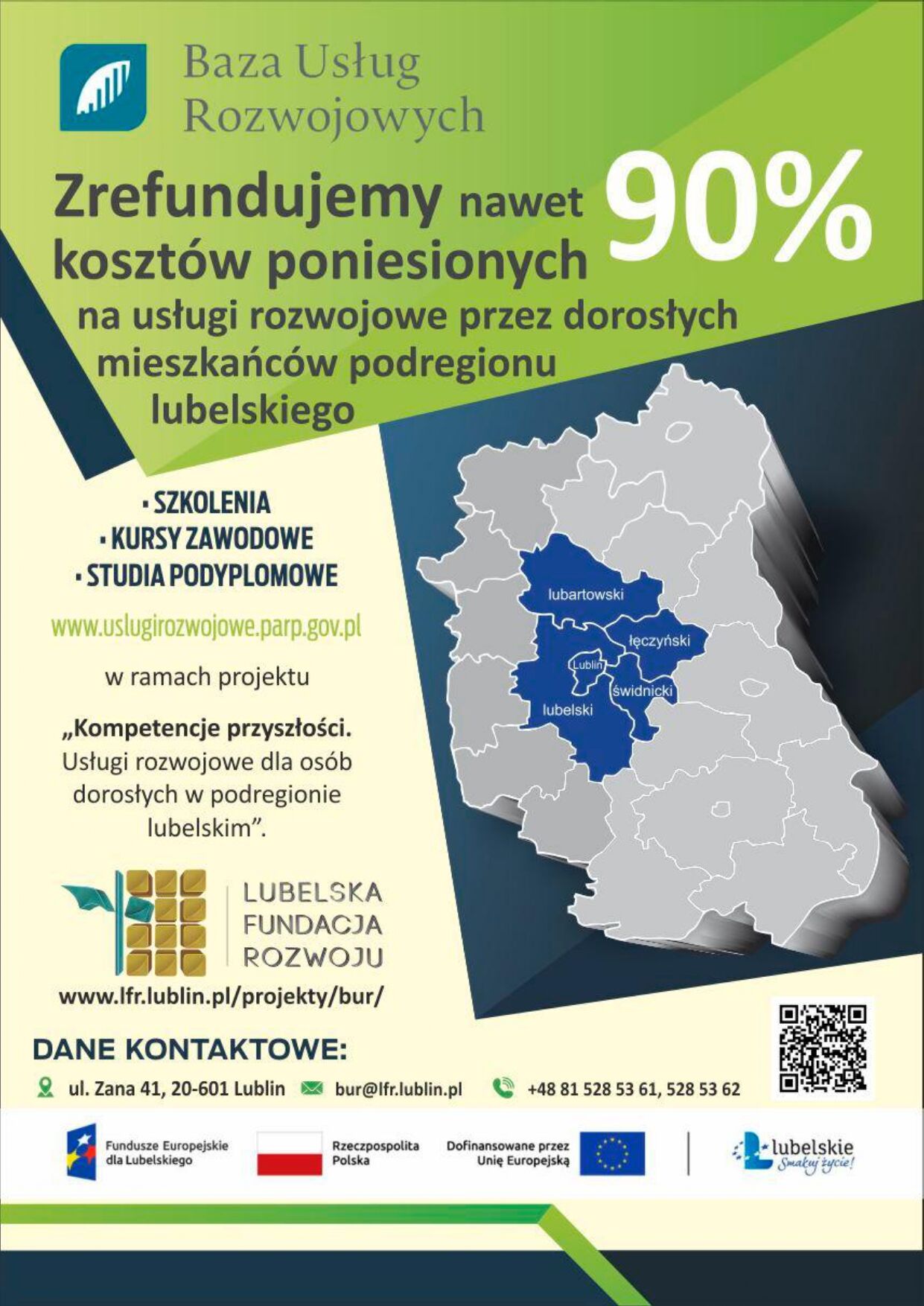 Plakat promocyjny o jasnym tle z mapą Polski akcentującą region lubelski, informujący o dostępności do 90% dofinansowania na usługi szkoleniowe dla mieszkańców regionu. Zawiera informacje kontaktowe, kody QR i logotypy.