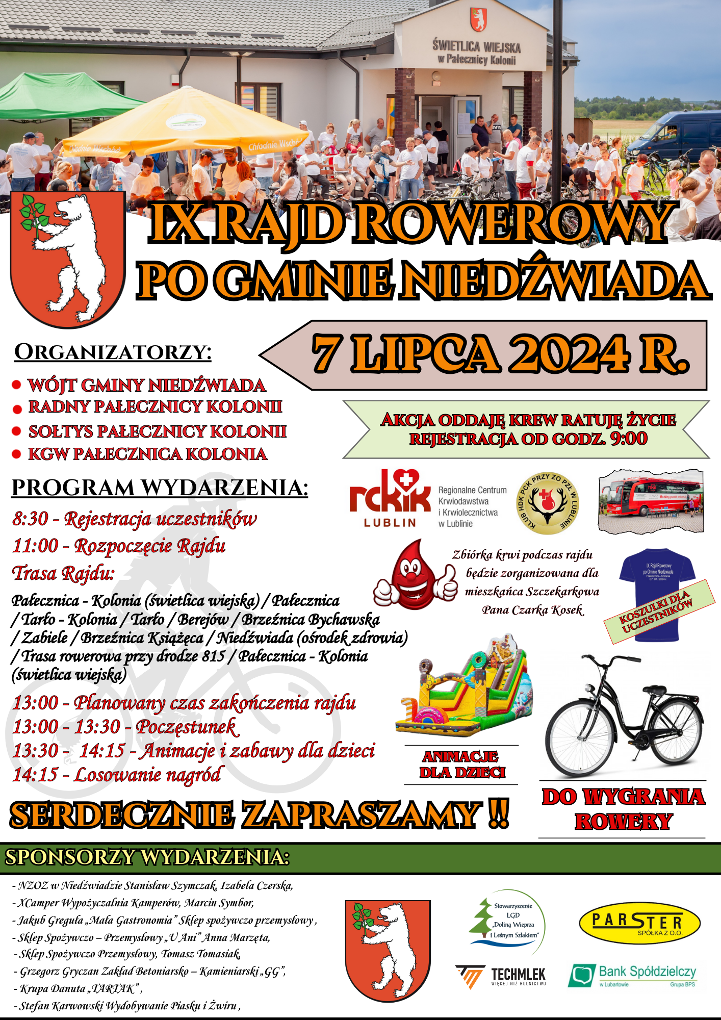 Zdjęcie przedstawia plakat wydarzenia "X Grynaid Po Gminie Rzędowiad" z datą 7 lipca 2024 roku. Są tu informacje o programie, sponsorach, grafiki rowerów, zawodów sportowych oraz loga sponsorów.
