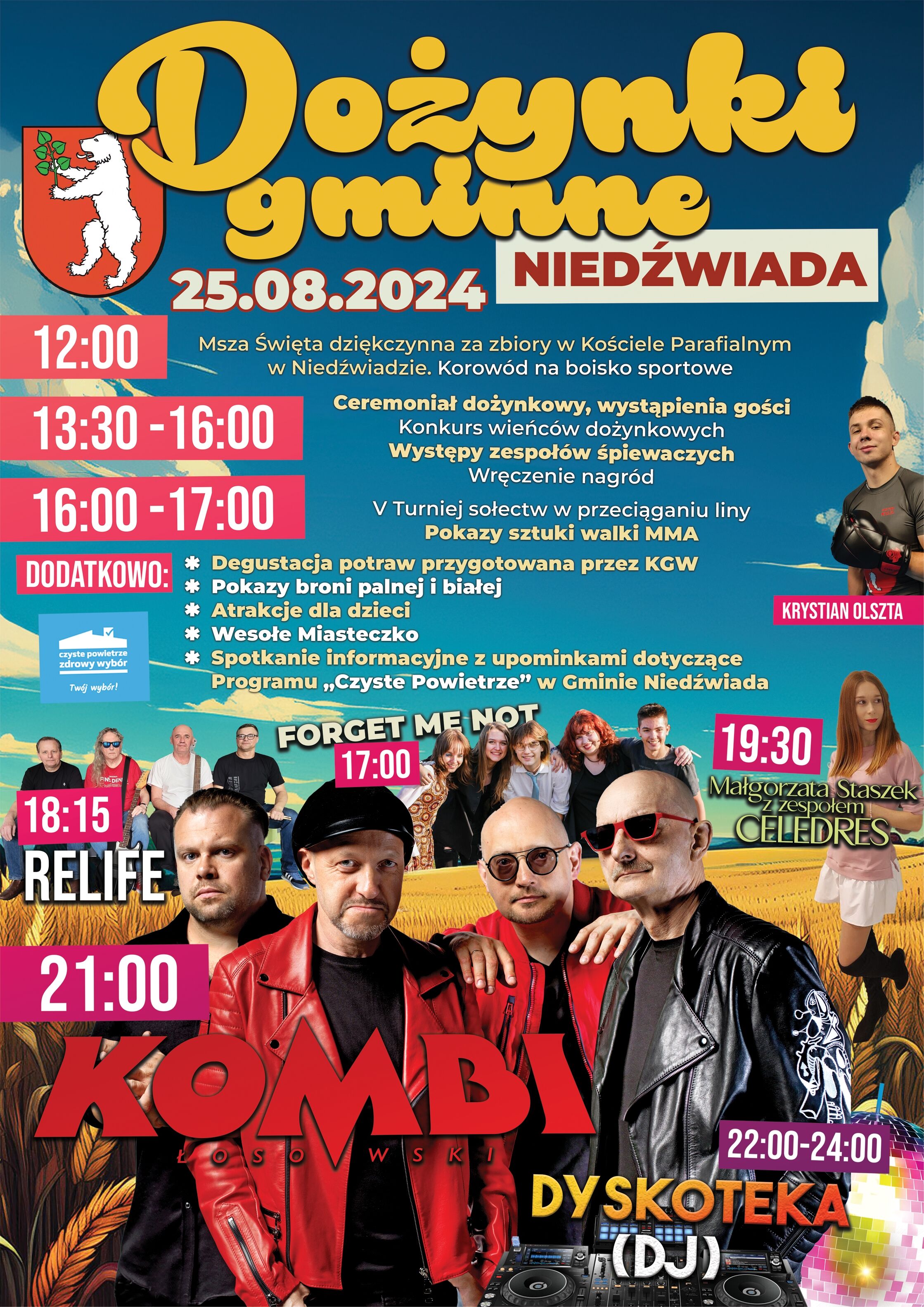 Plakat do wydarzenia "Dożynki Gminne" z datą 25.08.2024 w miejscowości Kościec Parwiałym. Zawiera informacje o programie, godzinach występów zespołów i atrakcjach dodatkowych oraz grafiki tematyczne.