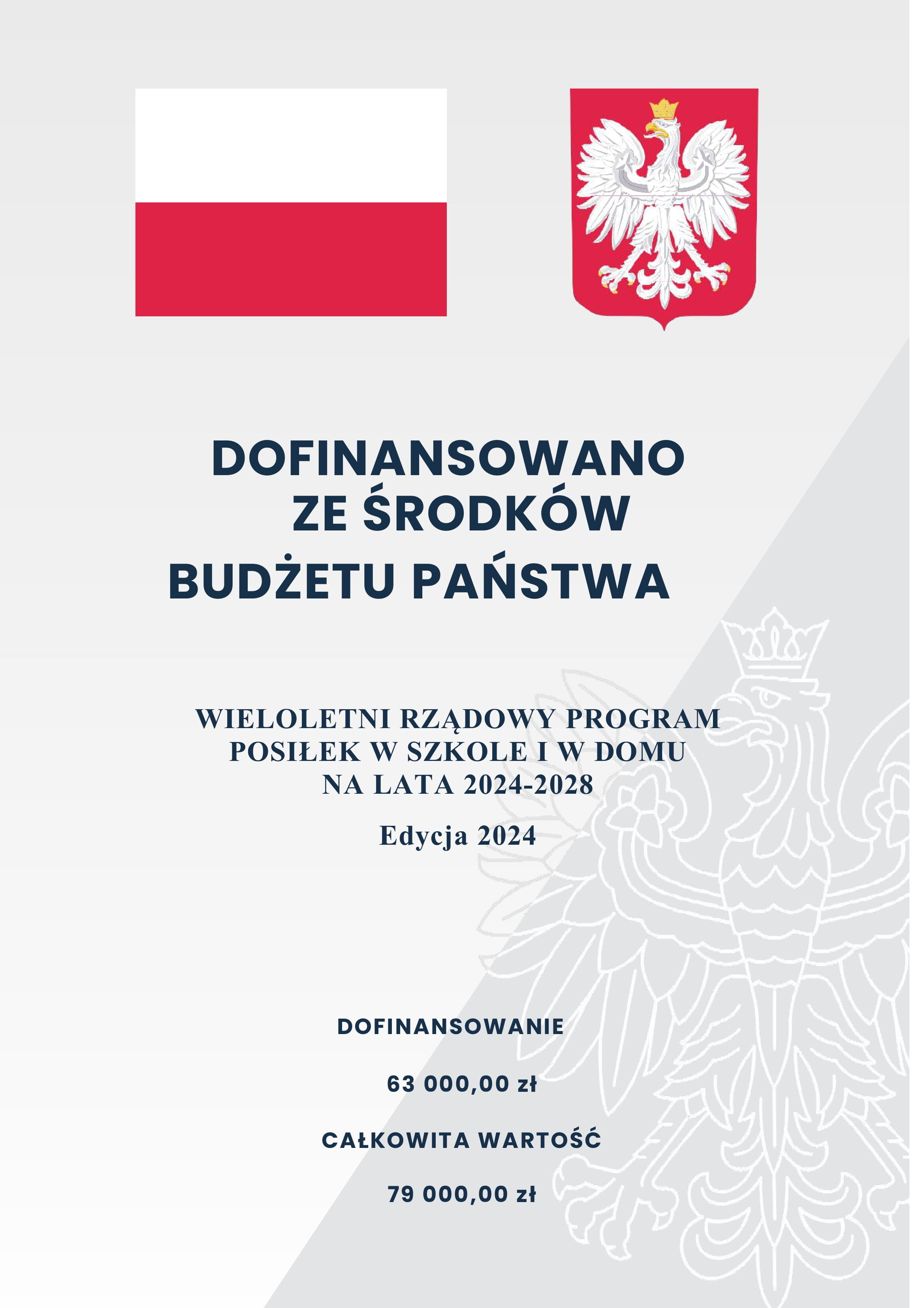 Plakat informacyjny z polskimi symbolami narodowymi: flagą Polski i godłem z orłem w koronie. Tekst ogłasza rządowy program dofinansowań na lata 2024-2028 dla szkół i domów, z podaną kwotą dofinansowania.