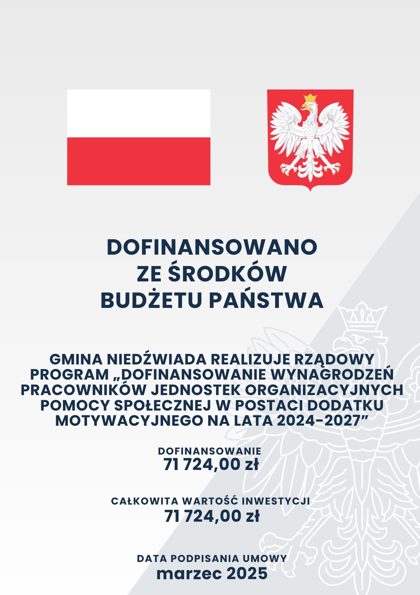Flaga Polski i herb. Tekst informujący o dofinansowaniu z budżetu państwa dla gminy Niedźwiedzia na program wsparcia pracowników organizacyjnych pomocy społecznej. Kwota dofinansowania i całkowita wartość inwestycji wynosi 71,724.00 zł. Realizacja do marca 2025.