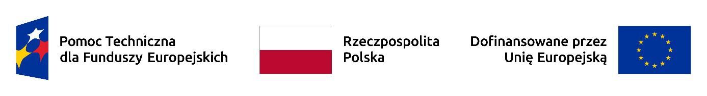 Grafika przedstawia cztery logotypy w rzędzie: logo Pomocy Technicznej dla Funduszy Europejskich, flagę Polski, napis "Rzeczpospolita Polska", oraz logo Unii Europejskiej z napisem "Dofinansowane przez Unię Europejską".