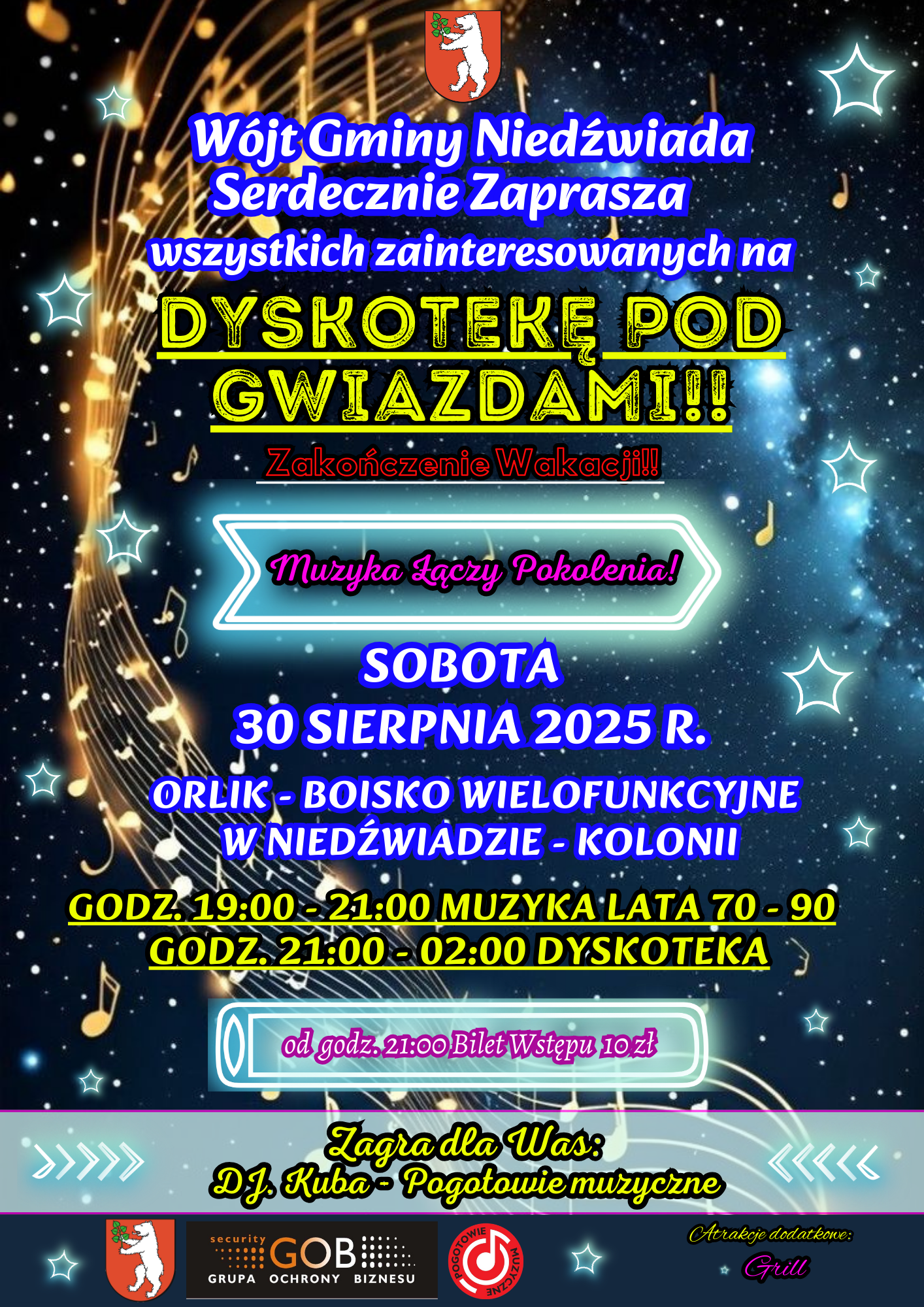 Plakat zapraszający na "Dyskotekę pod gwiazdami" 30 sierpnia 2025 r. na boisku Orlik w Niedźwiadzie-Kolonii. Wydarzenie obejmuje muzykę i zabawę taneczną. Wstęp od 21:00, bilety 10 zł. Wystąpi DJ Kuba.