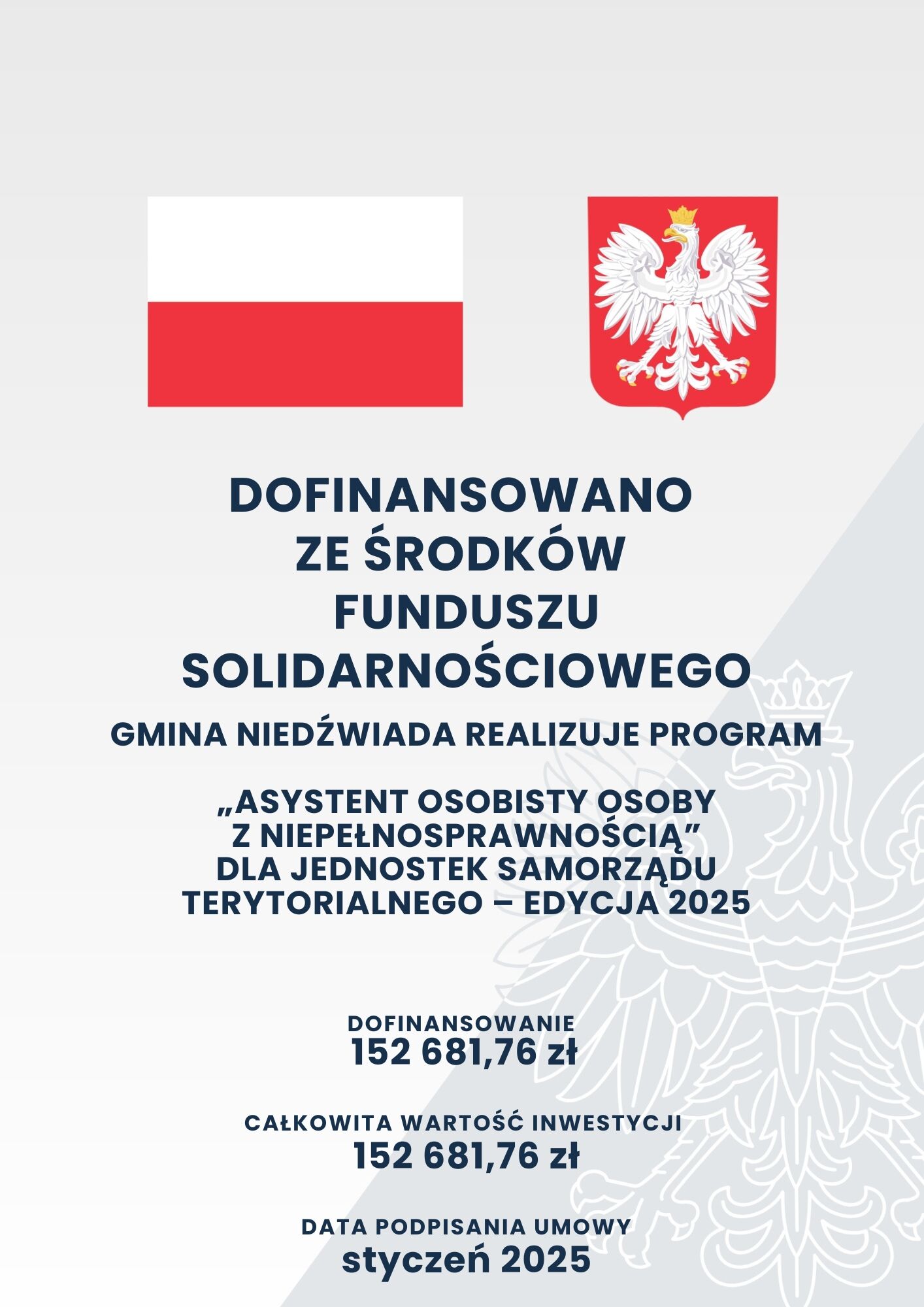 Plakat informujący o dofinansowaniu z Funduszu Solidarnościowego. Na górze flaga Polski i herb. Podano kwoty dofinansowania i całkowitej wartości inwestycji oraz datę podpisania umowy: styczeń 2025.