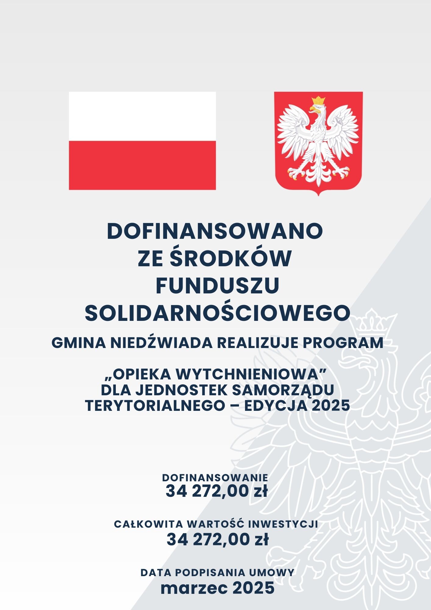 Plakat informujący o dofinansowaniu ze środków Funduszu Solidarnościowego. Zawiera flagę Polski, godło oraz informacje o programie "Opieka Wytchnieniowa", kwoty dofinansowania i datę podpisania umowy.