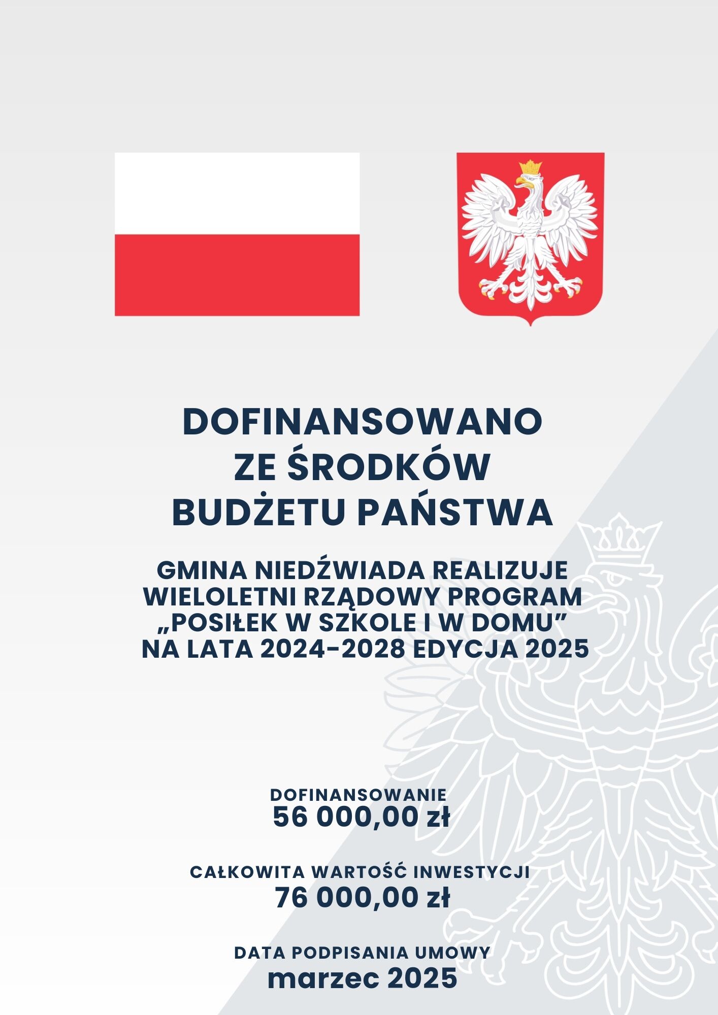 Plakat informacyjny dotyczący dofinansowania z budżetu państwa dla gminy Niedźwiada na program "Posiłek w szkole i w domu" na lata 2024-2028, edycja 2025. Widoczne flagi Polski i herby.