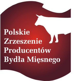 Logo Polskiego Zrzeszenia Producentów Bydła Mięsnego: biały kontur krowy na ciemnoczerwonym tle z falistym brzegiem. Na czerwonym tle, biały napis: "Polskie Zrzeszenie Producentów Bydła Mięsnego".